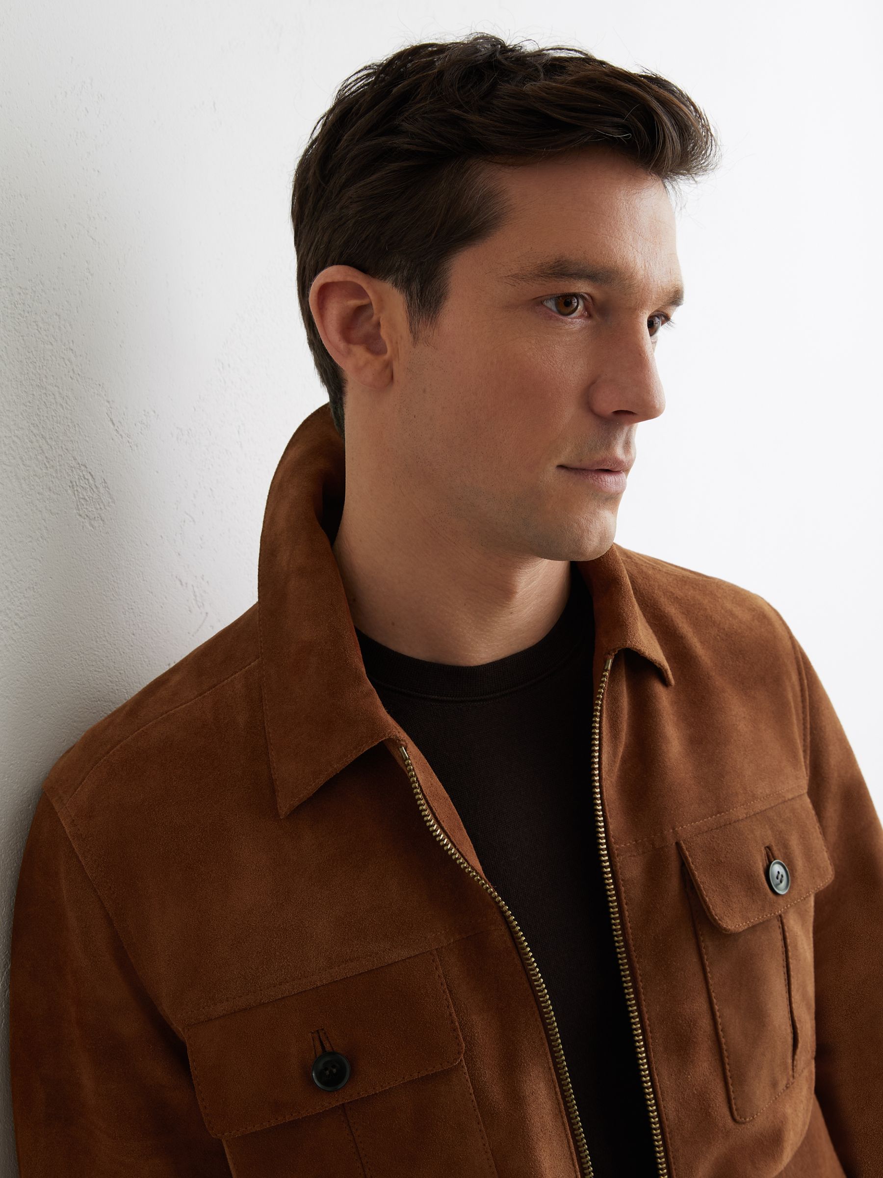 Suede Four-Pocket Zip-Through Jacket in Tobacco Brown - image 4