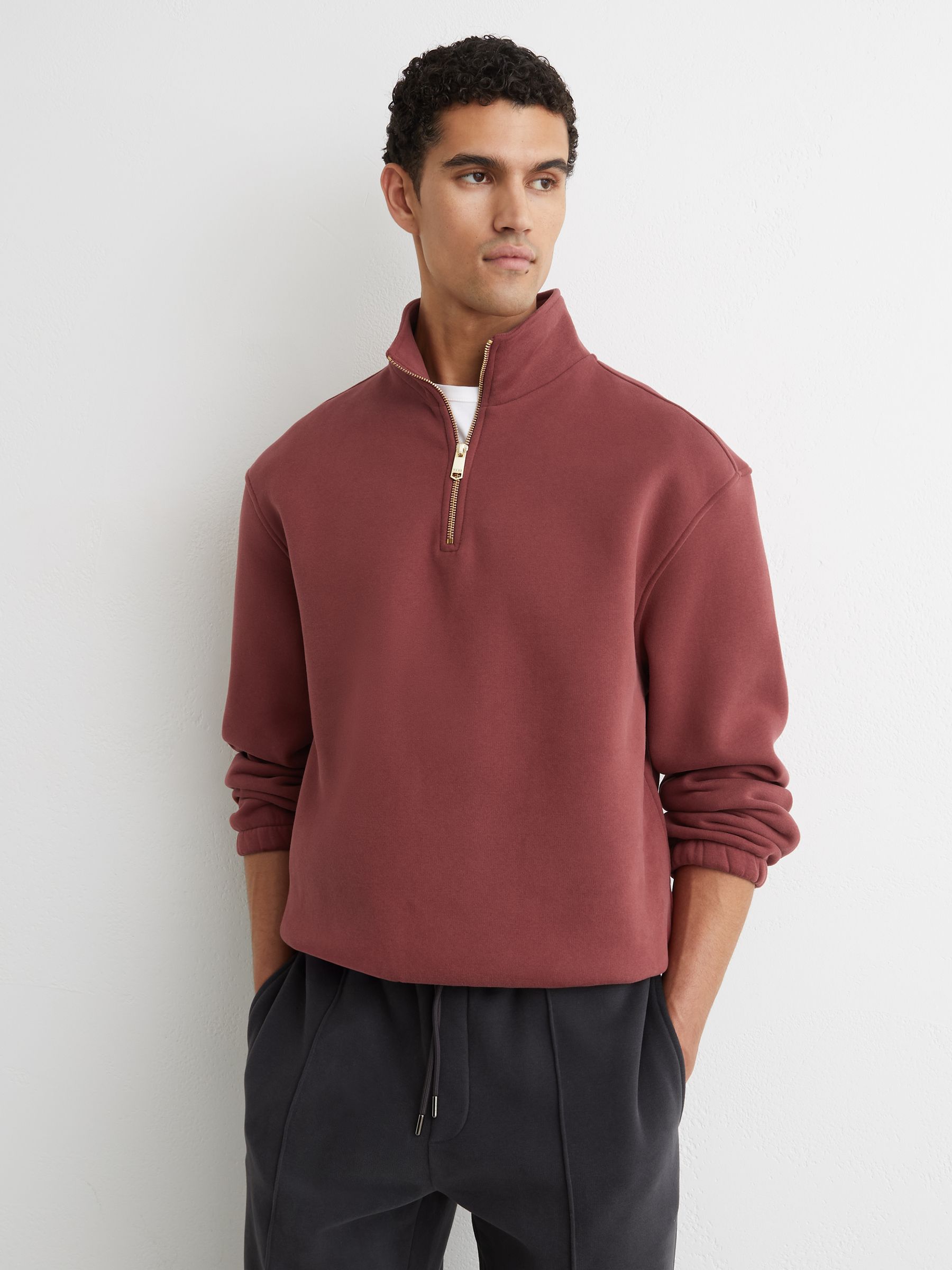 Cotton-Blend Half-Zip Sweatshirt in Raspberry Pink - image 4
