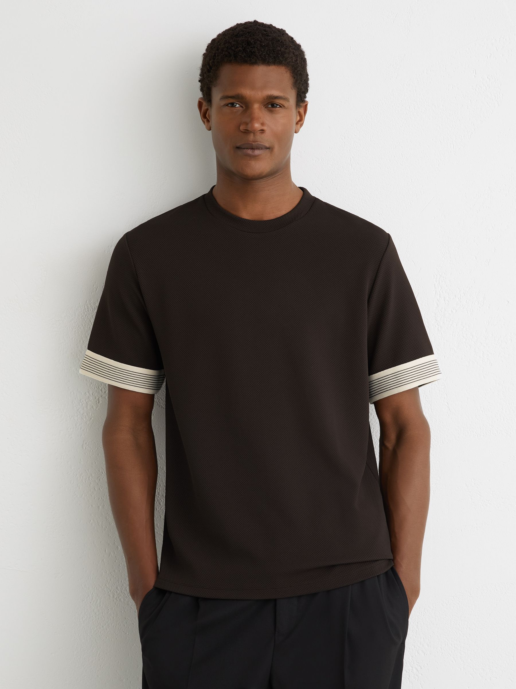 Textured Tape-Cuff T-Shirt in Chocolate Brown - Image 3 of 6