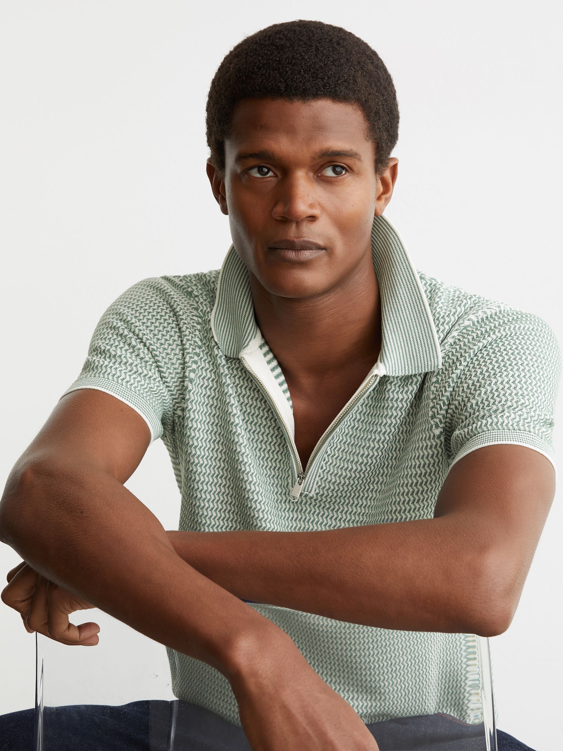 Textured-Knit Half-Zip Polo Shirt in Soft Sage Green - image 2