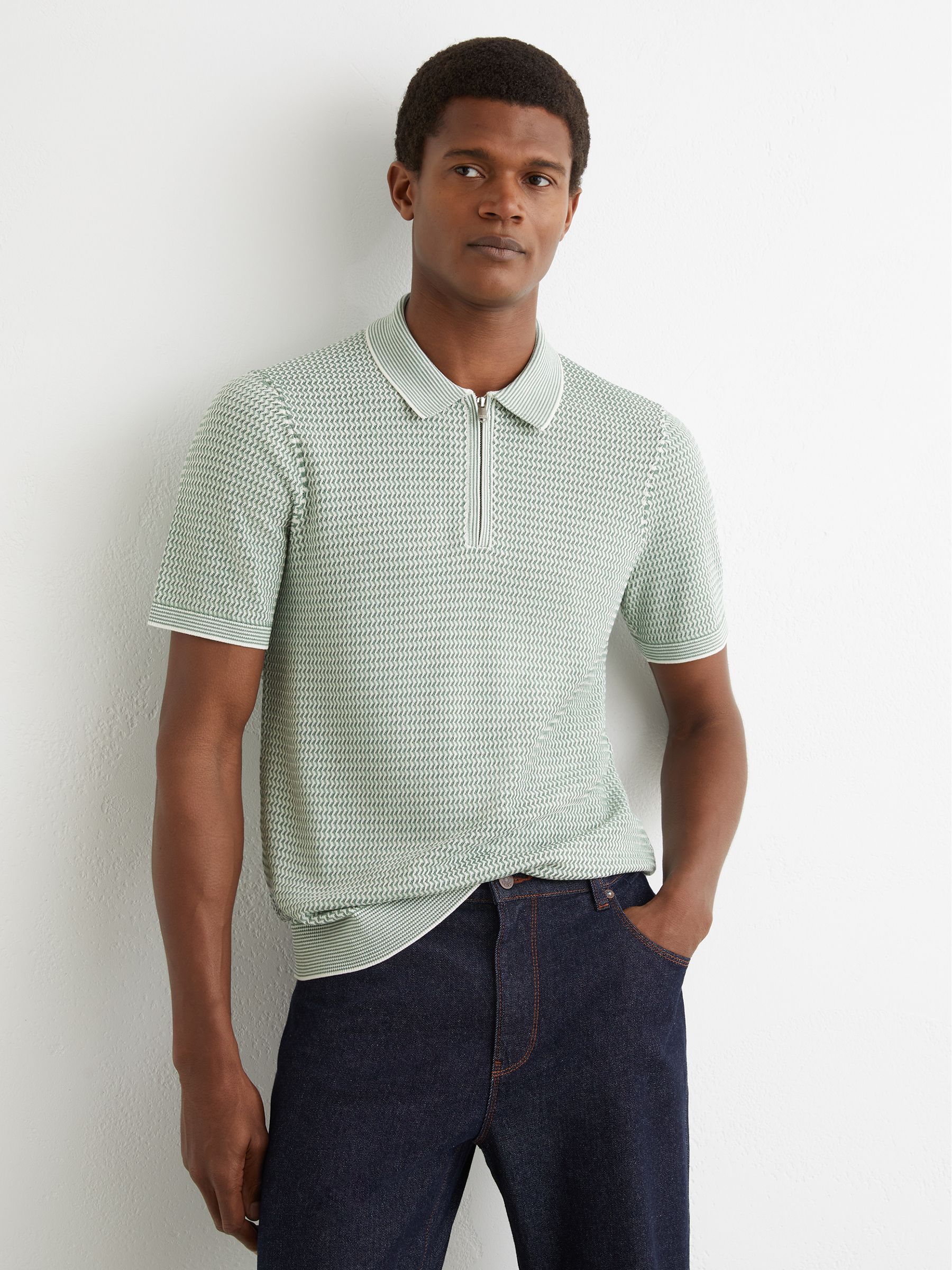 Textured-Knit Half-Zip Polo Shirt in Soft Sage Green - Image 3 of 7