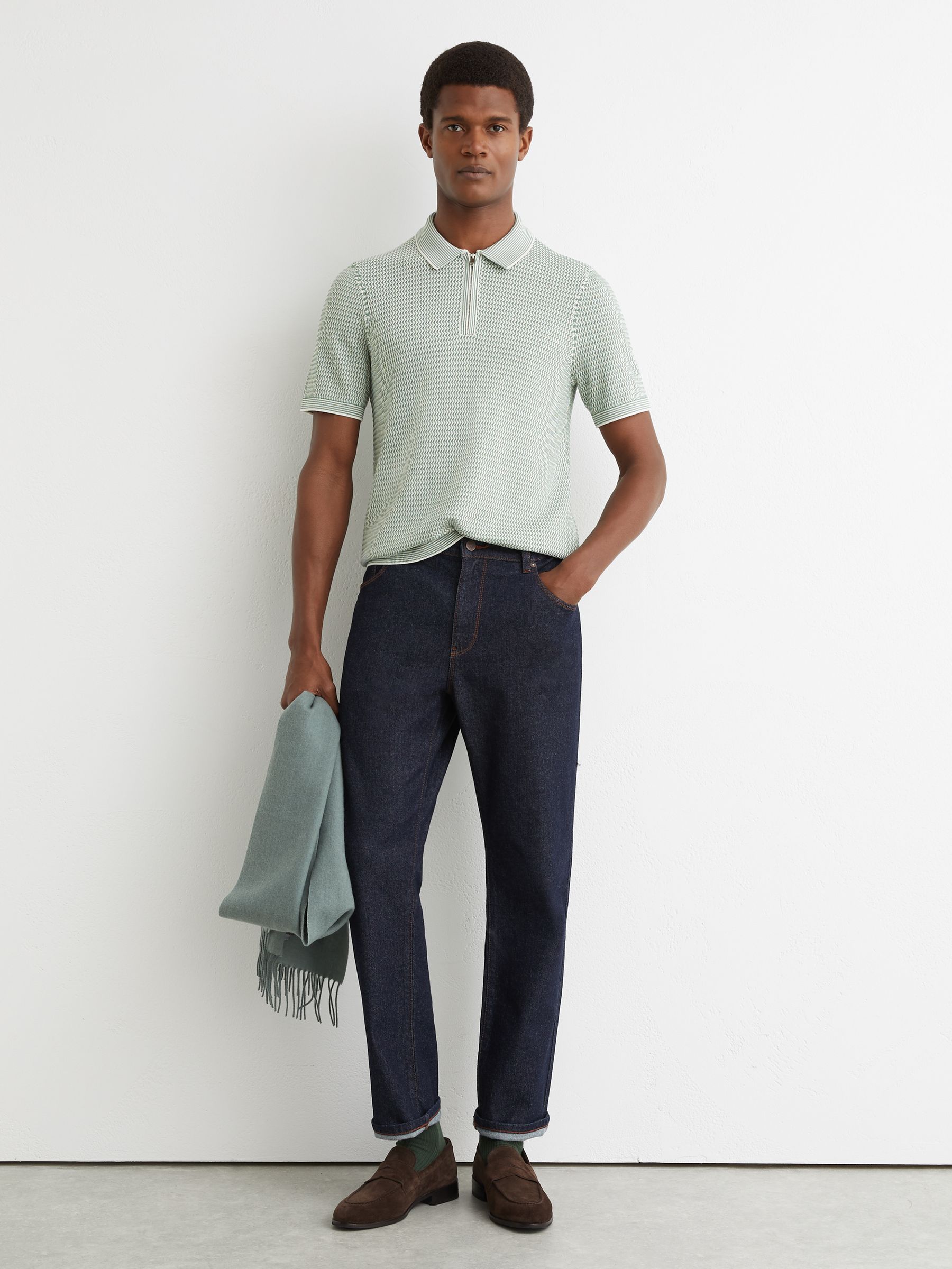 Textured-Knit Half-Zip Polo Shirt in Soft Sage Green - Image 5 of 7