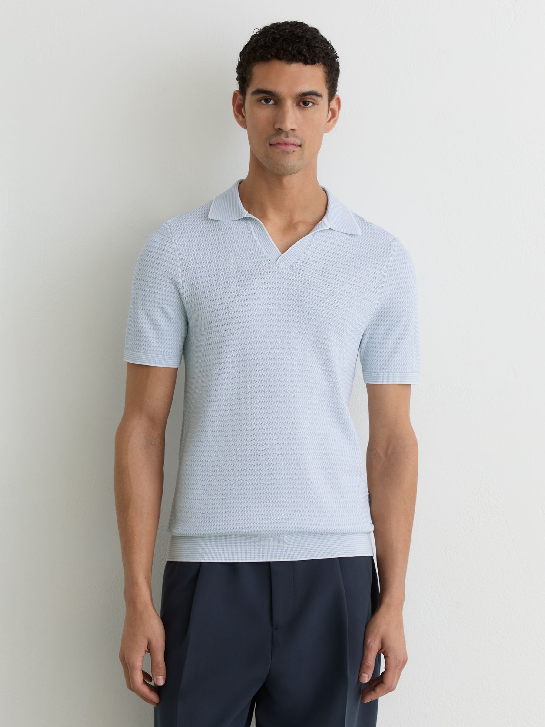 Open-Collar Textured-Knit Polo Shirt in Soft Blue - Image 1 of 6