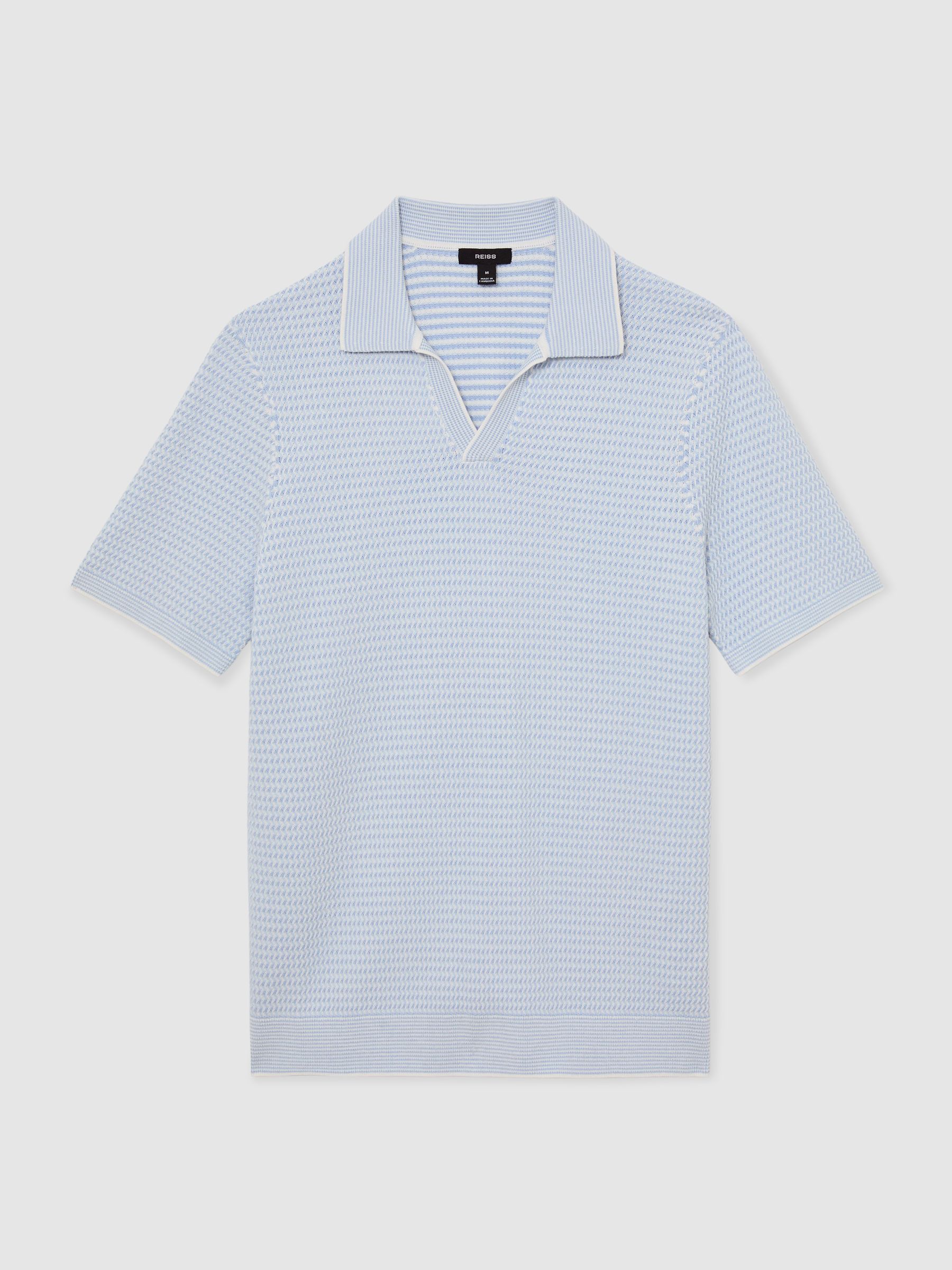 Open-Collar Textured-Knit Polo Shirt in Soft Blue