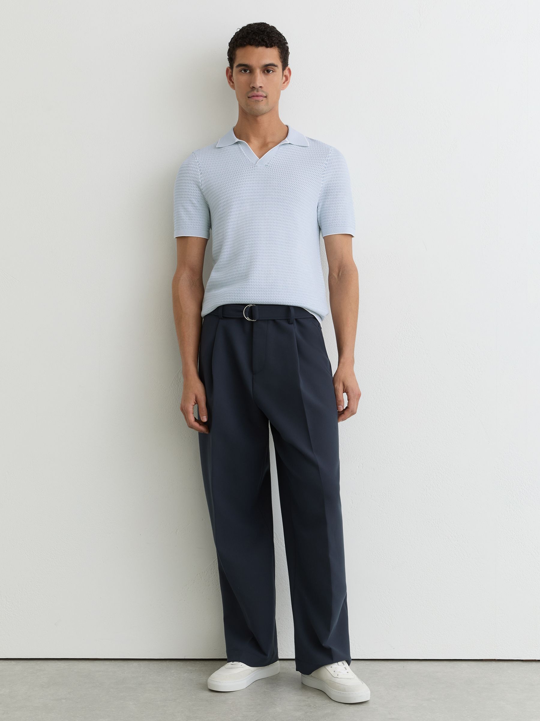 Open-Collar Textured-Knit Polo Shirt in Soft Blue - Image 4 of 6