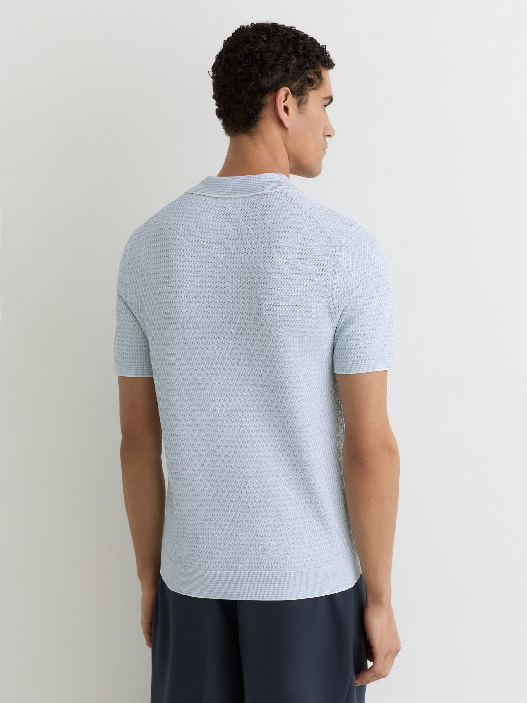 Open-Collar Textured-Knit Polo Shirt in Soft Blue - Image 5 of 6