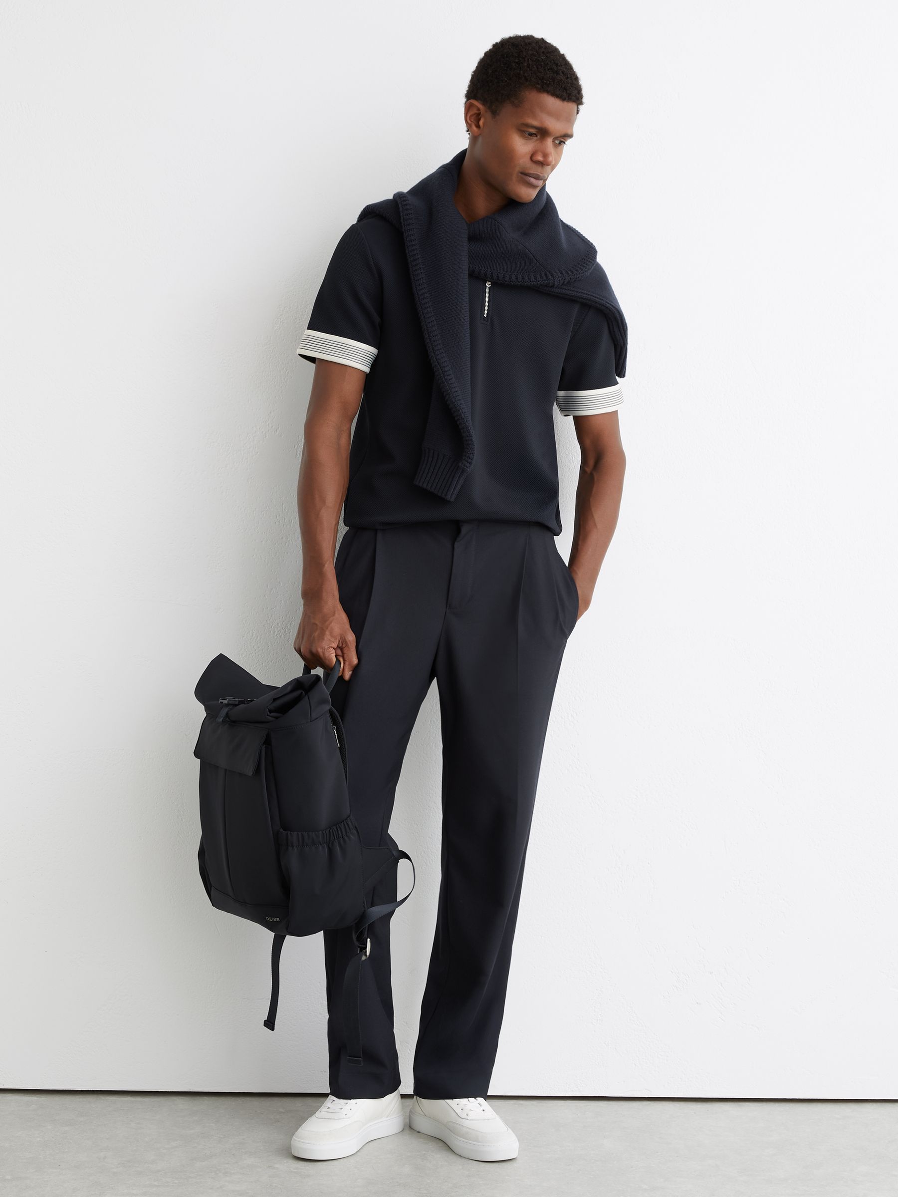 Sleeve-Trim Half-Zip Polo Shirt in Navy - image 5
