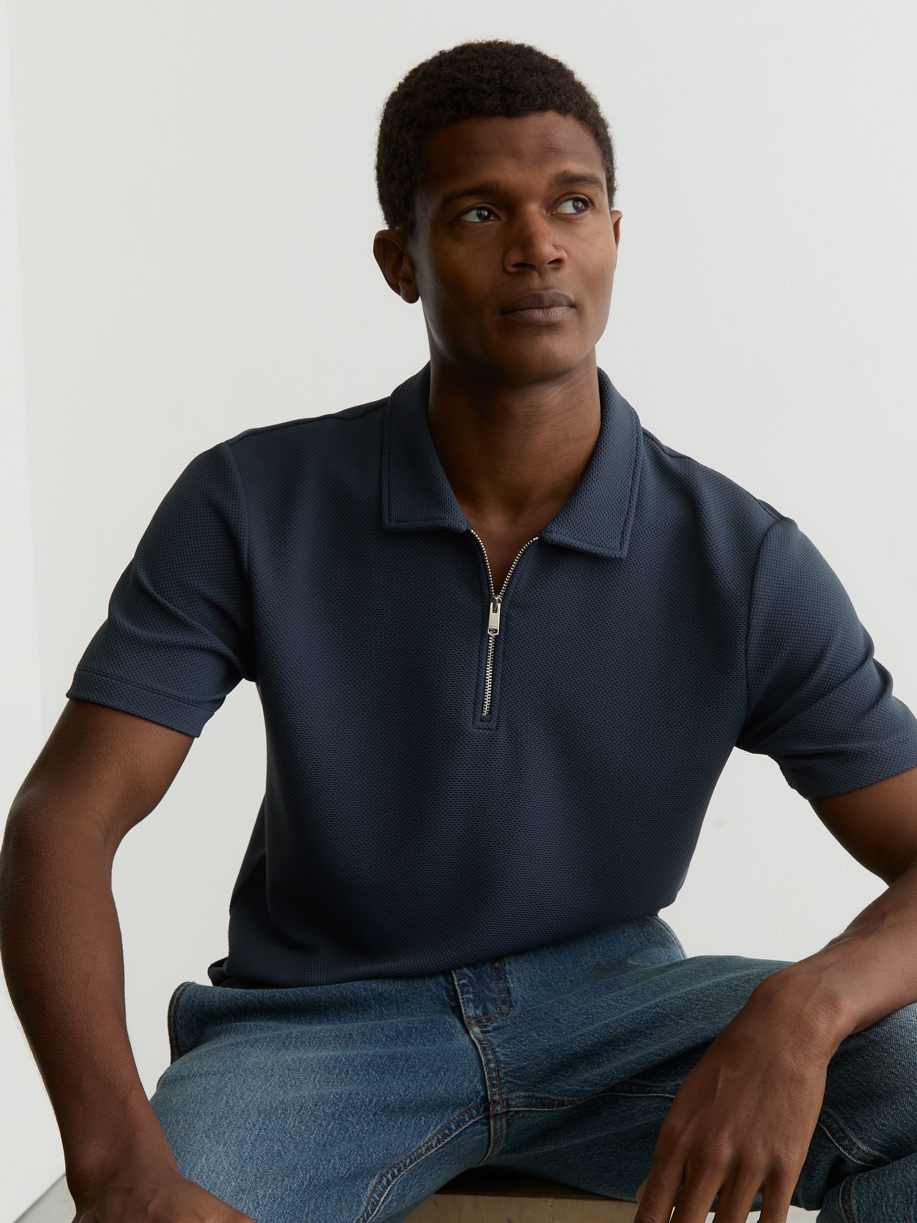 Half-Zip Textured Polo Shirt in Airforce Blue - image 2
