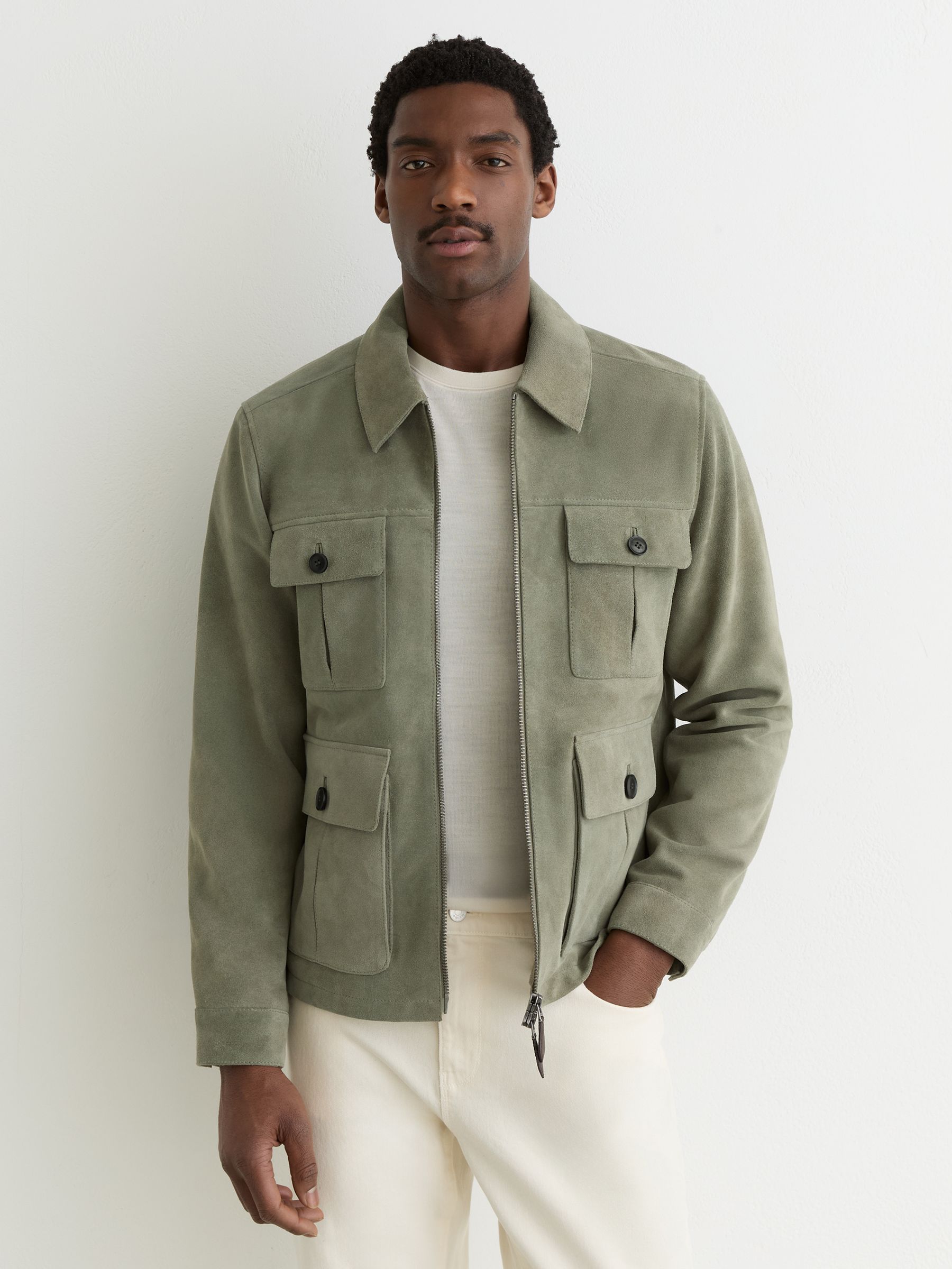 Suede Four-Pocket Zip-Through Jacket in Green - Image 1 of 8