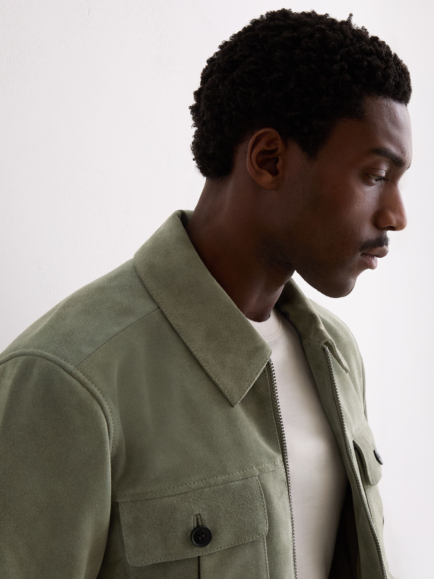 Suede Four-Pocket Zip-Through Jacket in Green - Image 3 of 8