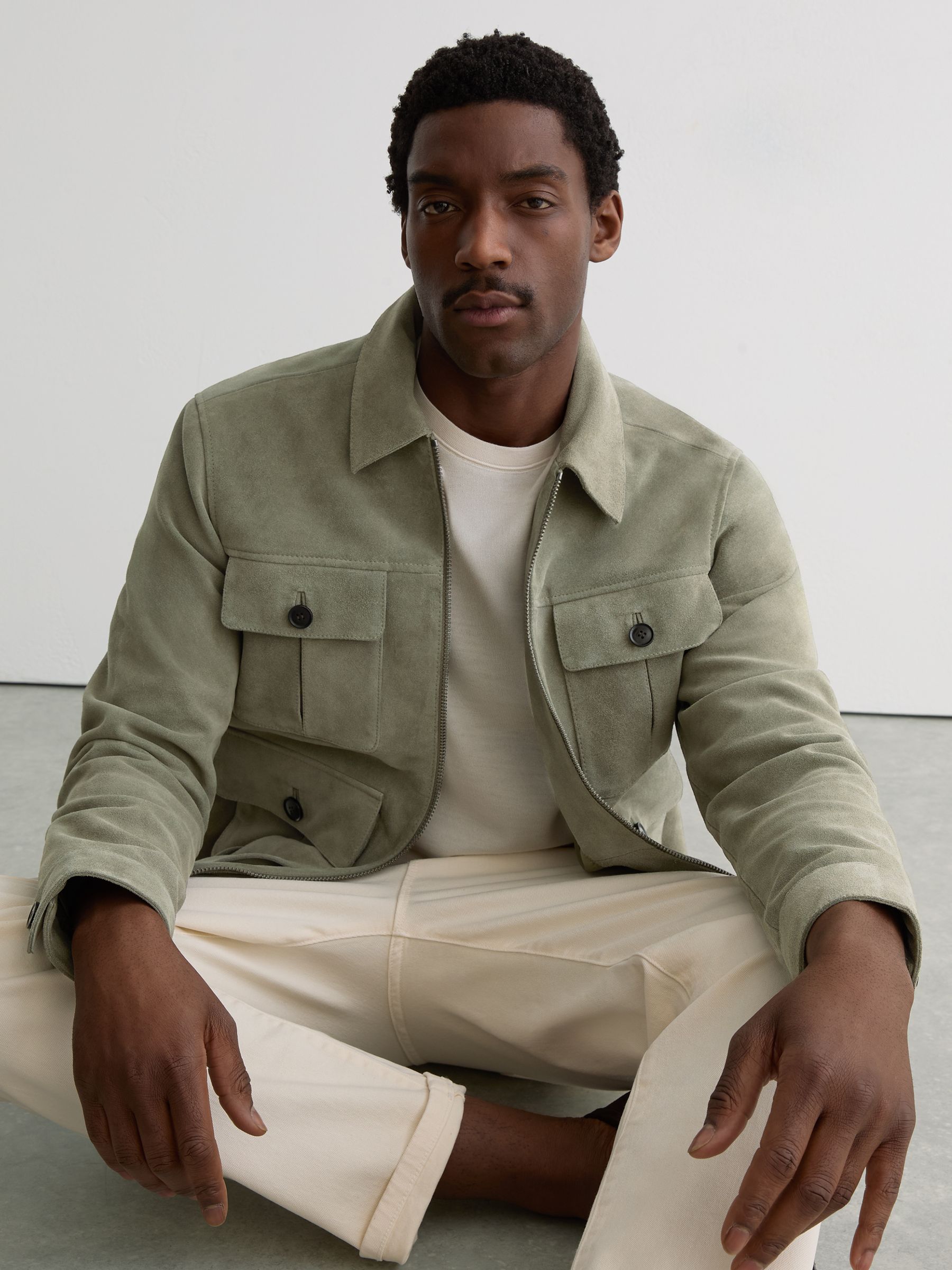 Suede Four-Pocket Zip-Through Jacket in Green - image 4