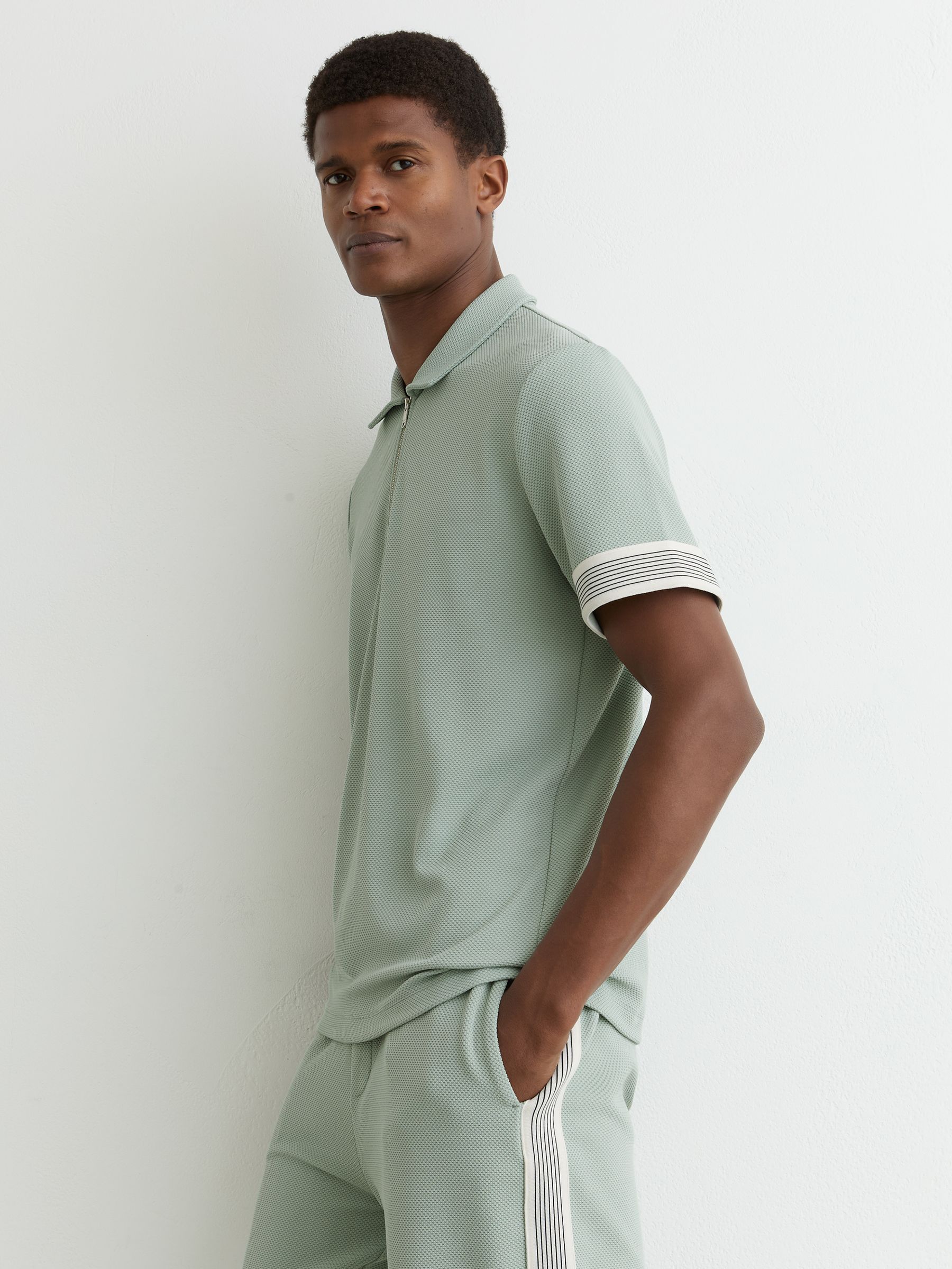 Sleeve-Trim Half-Zip Polo Shirt in Mint Green - image 2