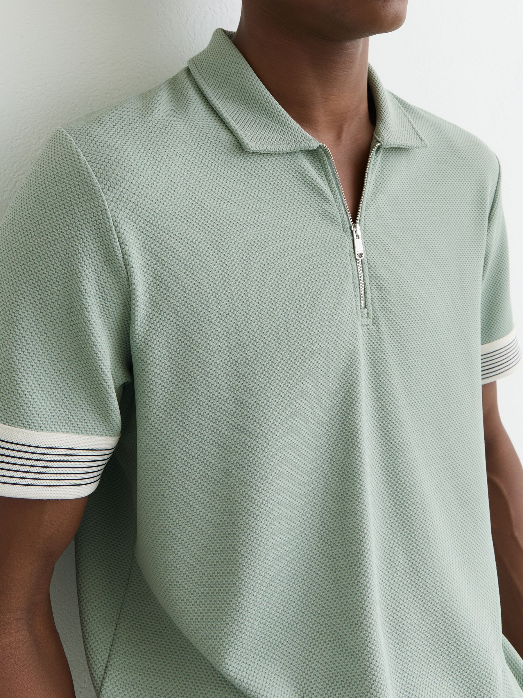 Sleeve-Trim Half-Zip Polo Shirt in Mint Green - image 5