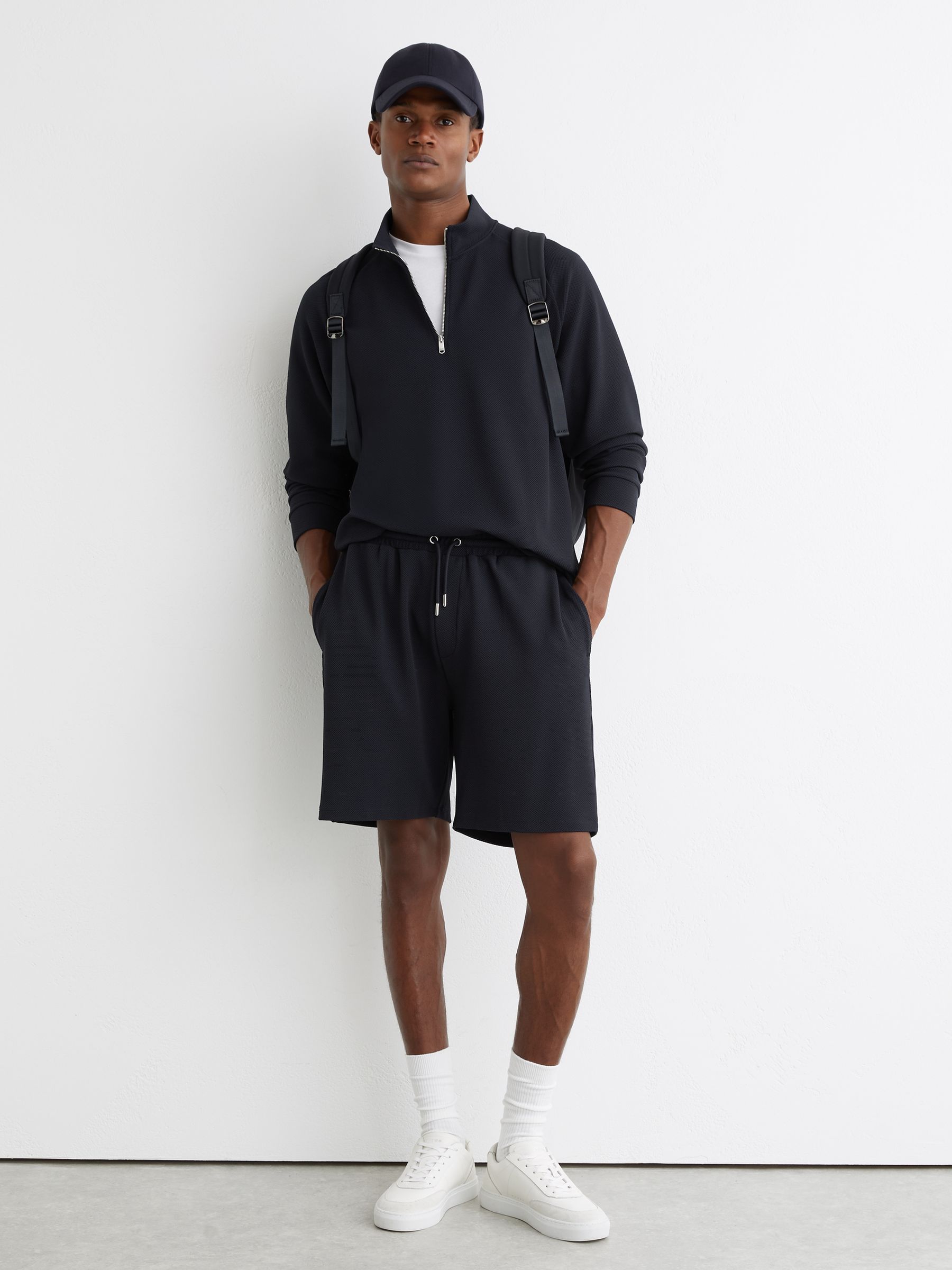 Textured Half-Zip Funnel-Neck Jumper in Navy - image 4