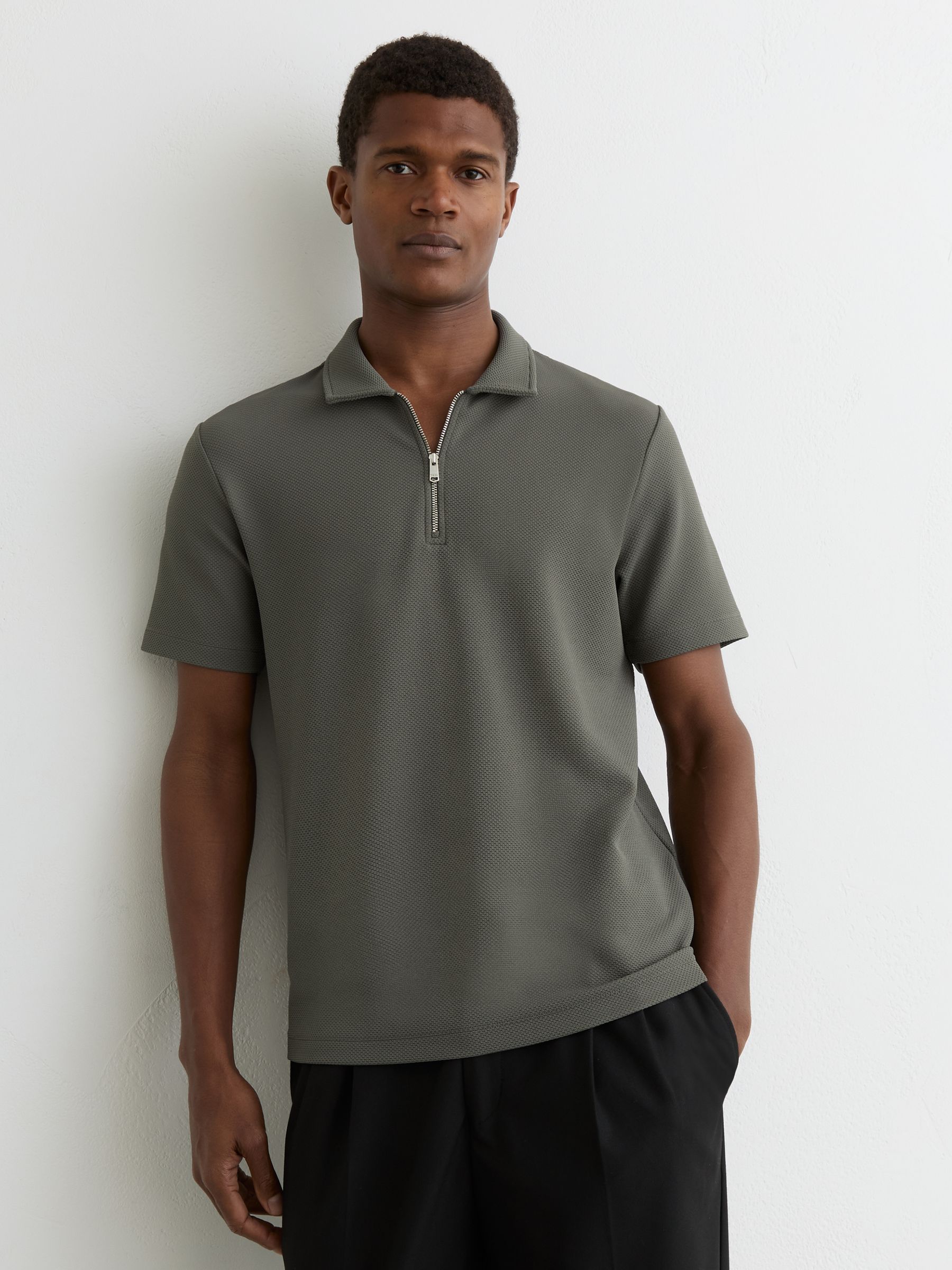 Half-Zip Textured Polo Shirt in Sage Green - image 2