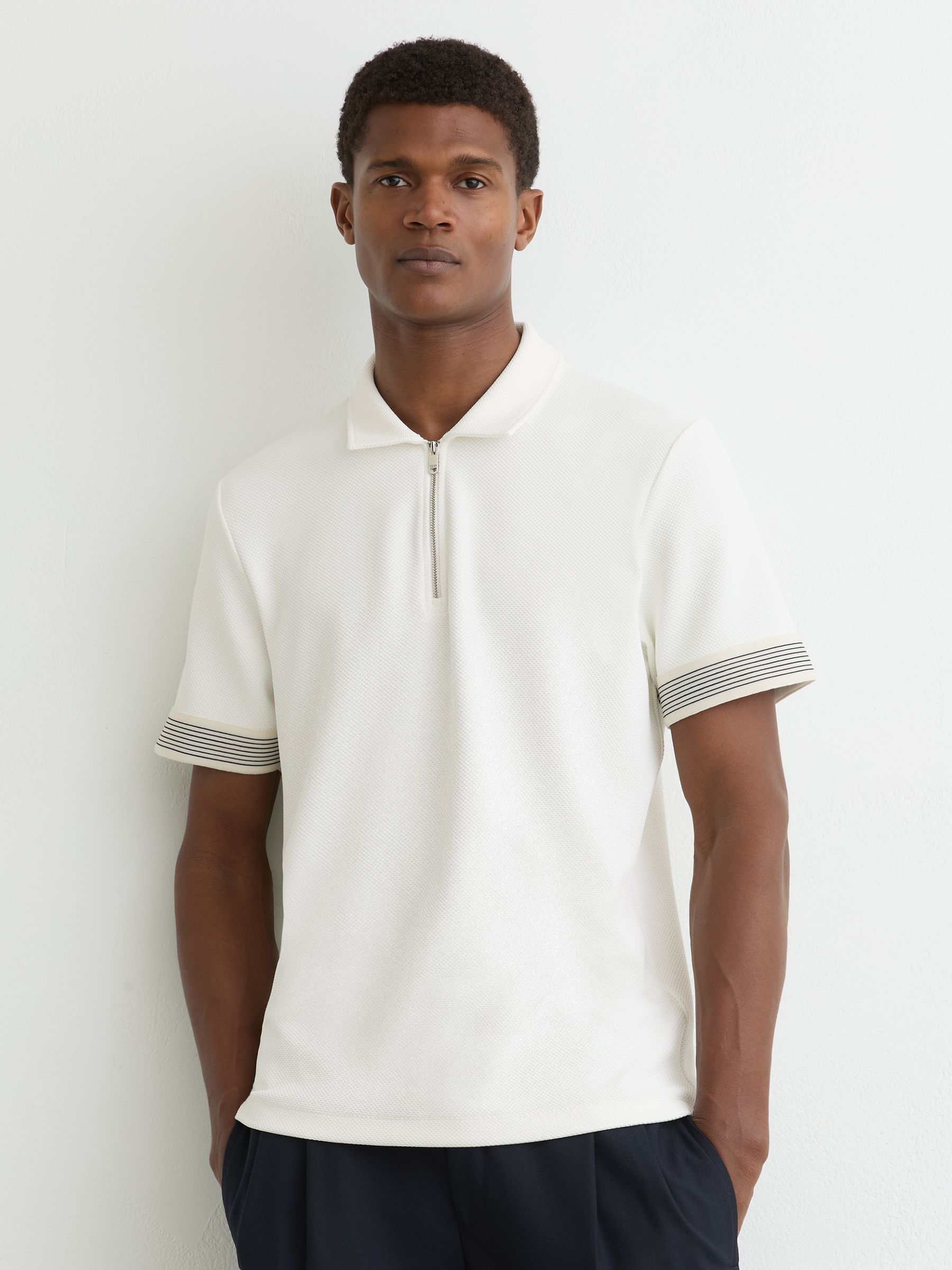 Sleeve-Trim Half-Zip Polo Shirt in White - image 2