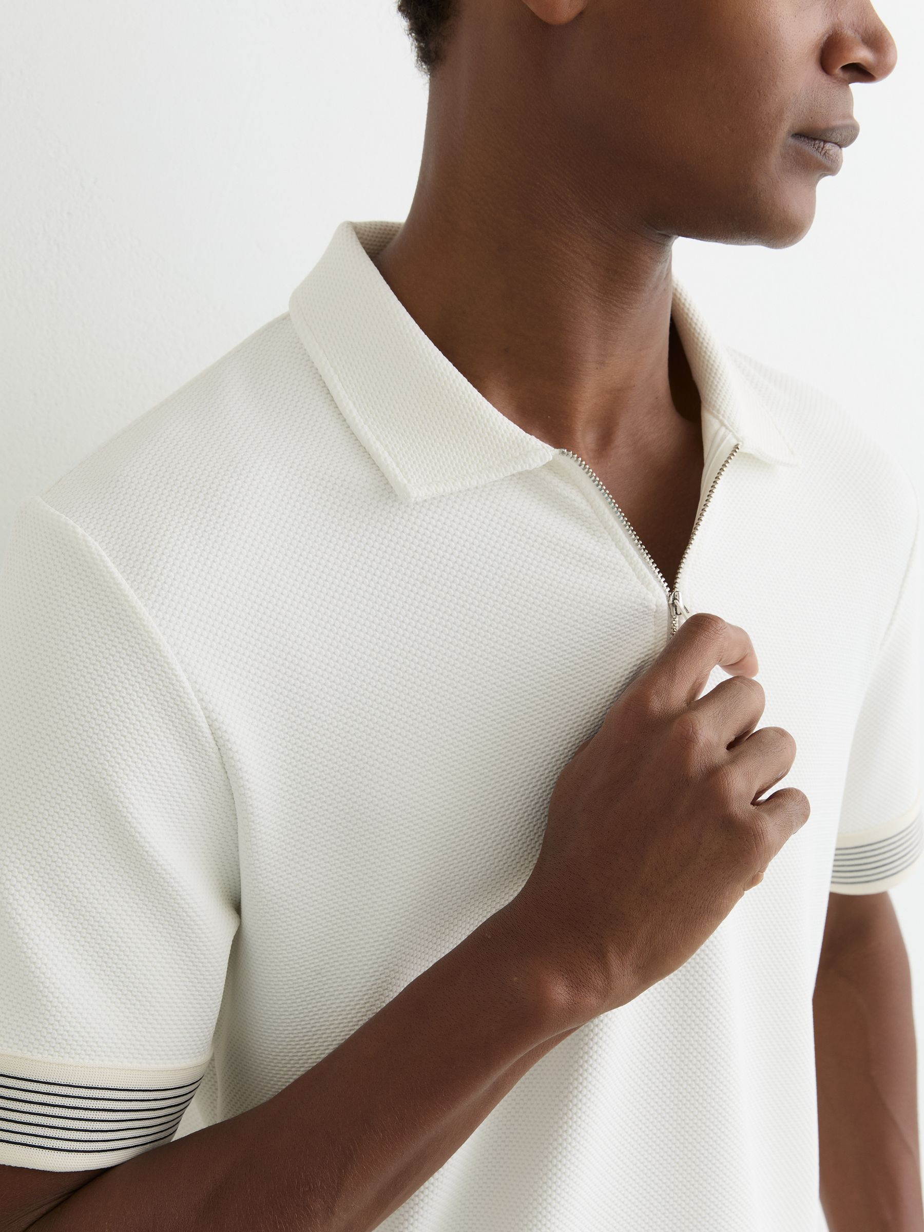 Reiss Sleeve-Trim Half-Zip Polo Shirt in White | REISS