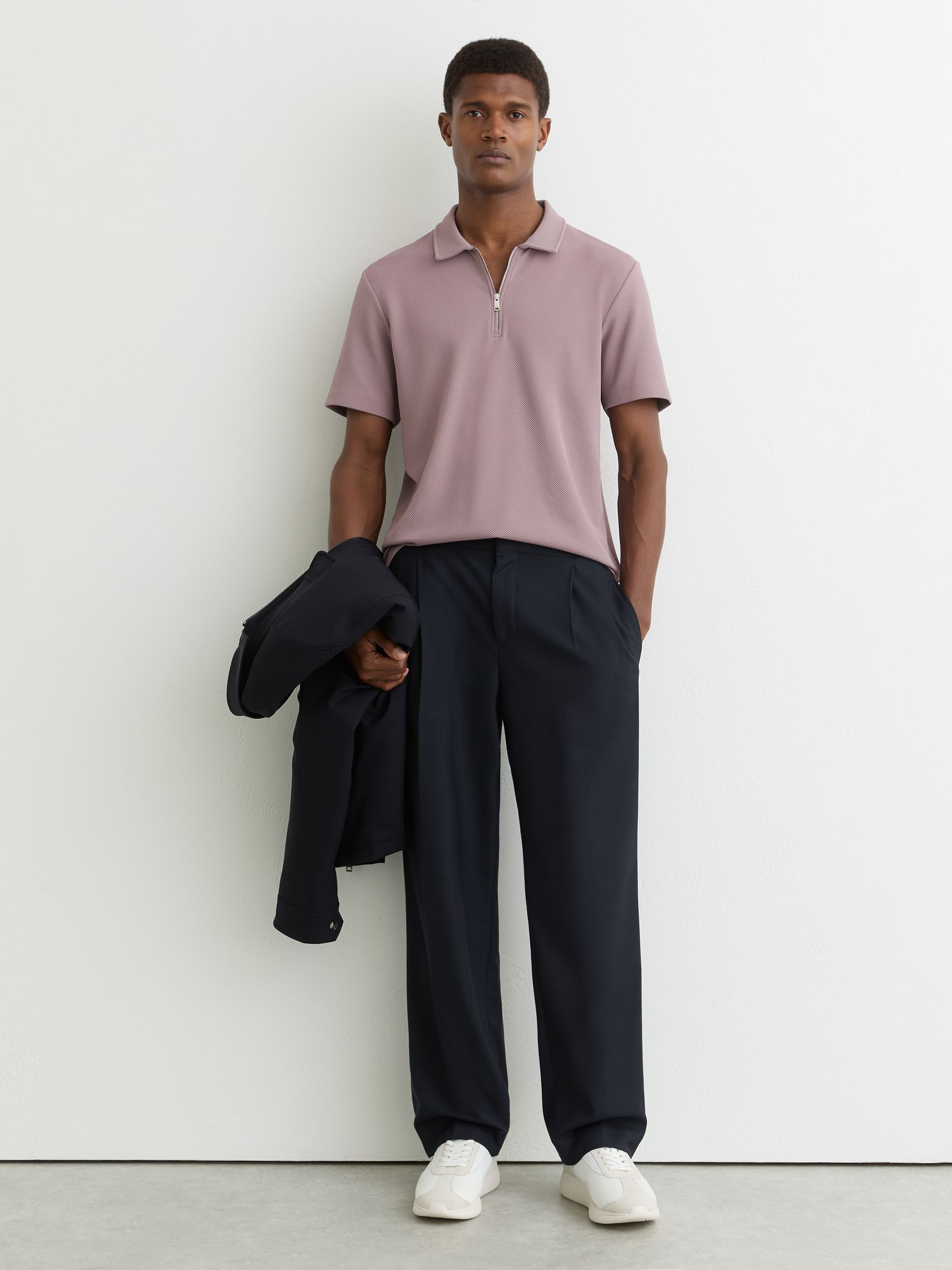 Reiss Half-Zip Textured Polo Shirt in Raspberry Pink | REISS