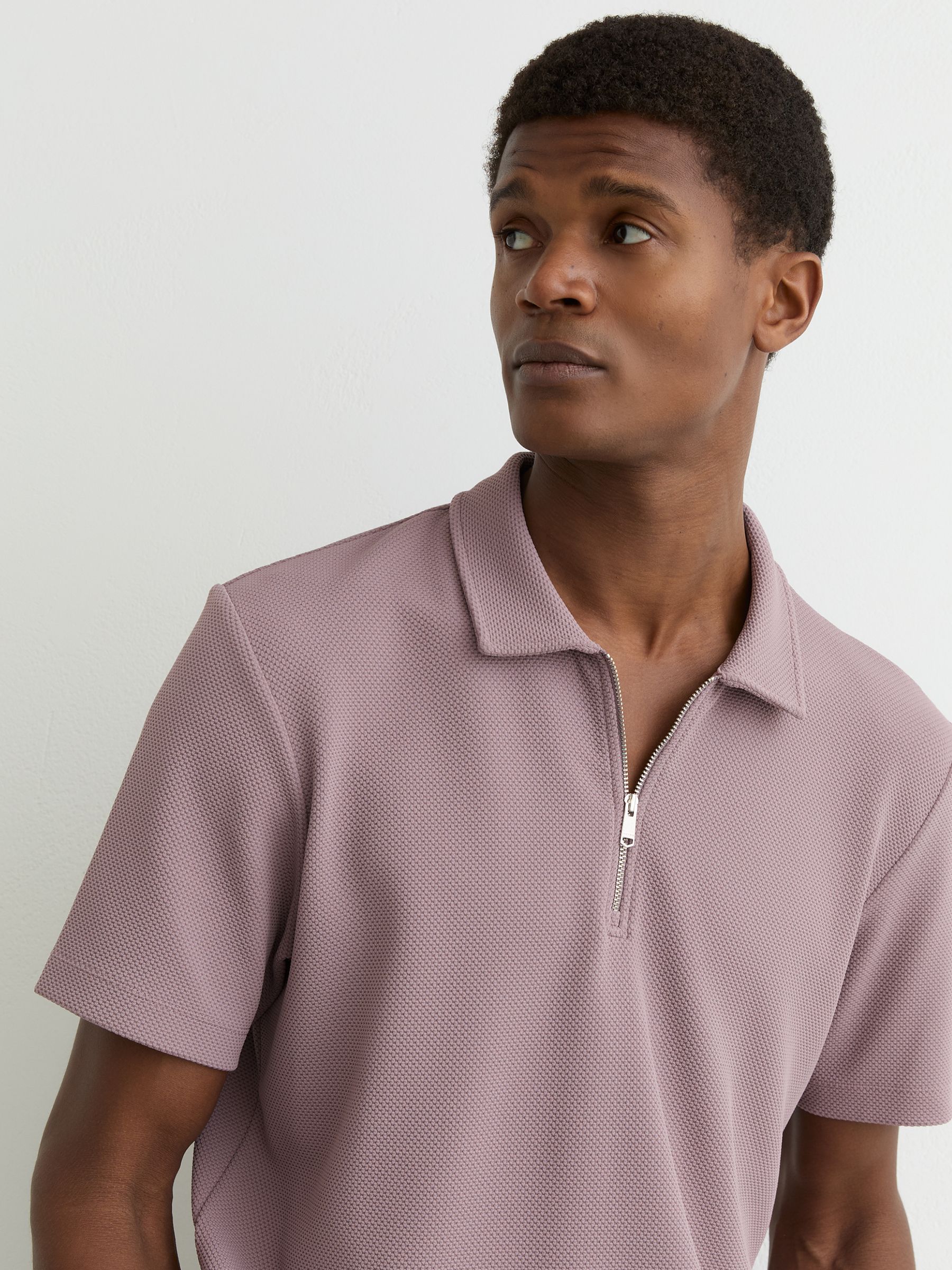 Half-Zip Textured Polo Shirt in Raspberry Pink - image 4