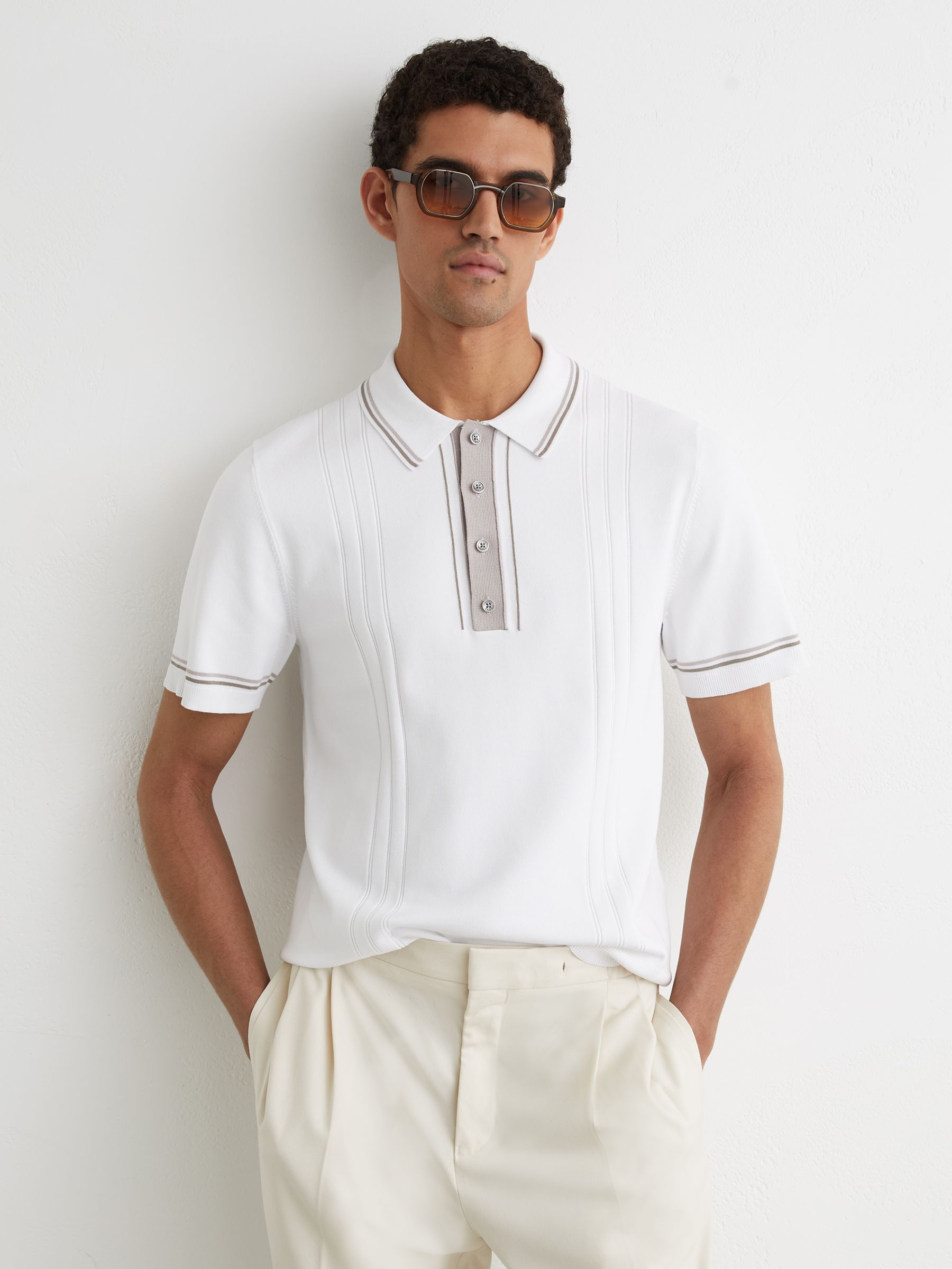 Tipped Half-Button Knitted Polo Shirt in Off White - Image 1 of 6