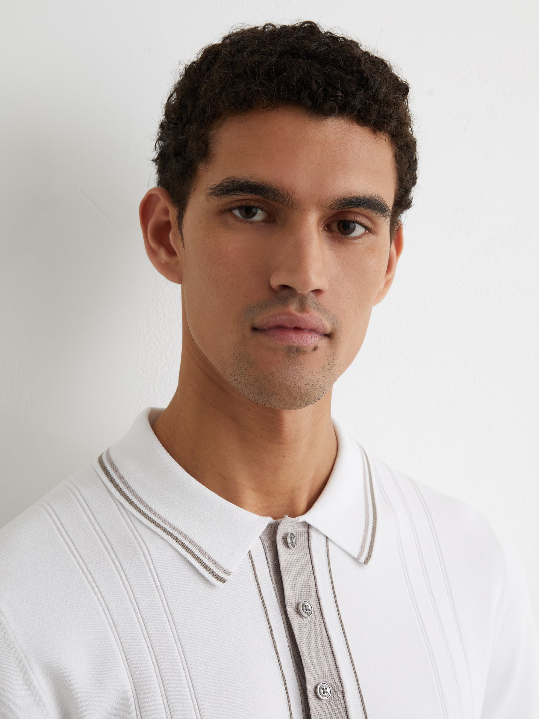 Tipped Half-Button Knitted Polo Shirt in Off White - Image 3 of 6