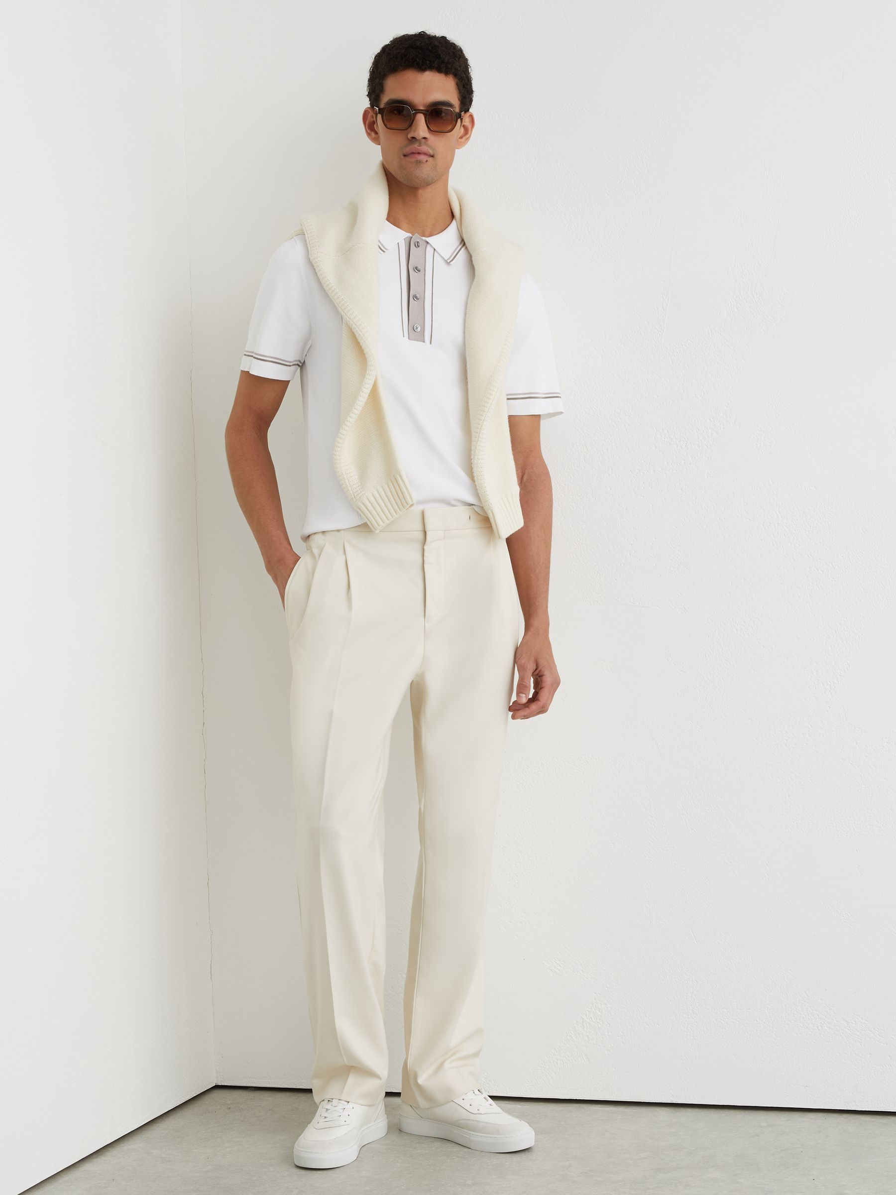 Tipped Half-Button Knitted Polo Shirt in Off White - Image 4 of 6