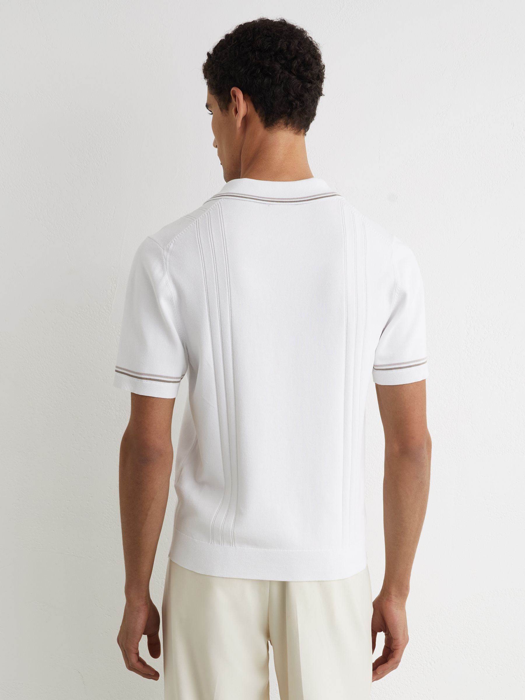 Tipped Half-Button Knitted Polo Shirt in Off White - Image 5 of 6