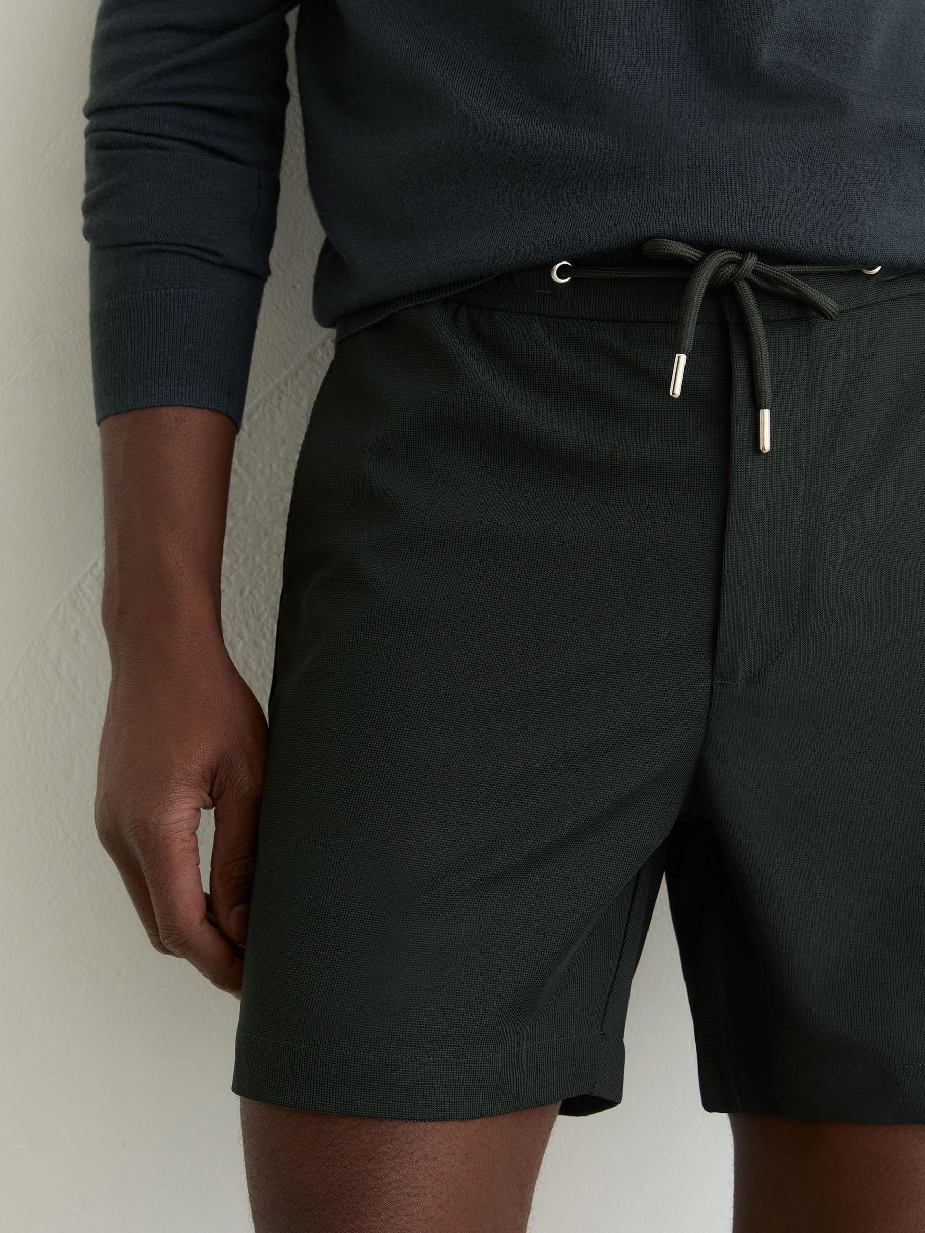 Textured Drawstring Shorts in Dark Green - image 4