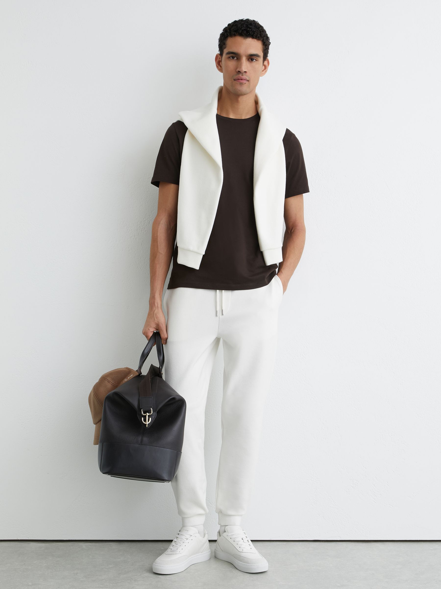 Cotton-Blend Brushed Ribbed Joggers in White - Image 1 of 6 Cotton-Blend Brushed Ribbed Joggers in White - Image 1 of 6