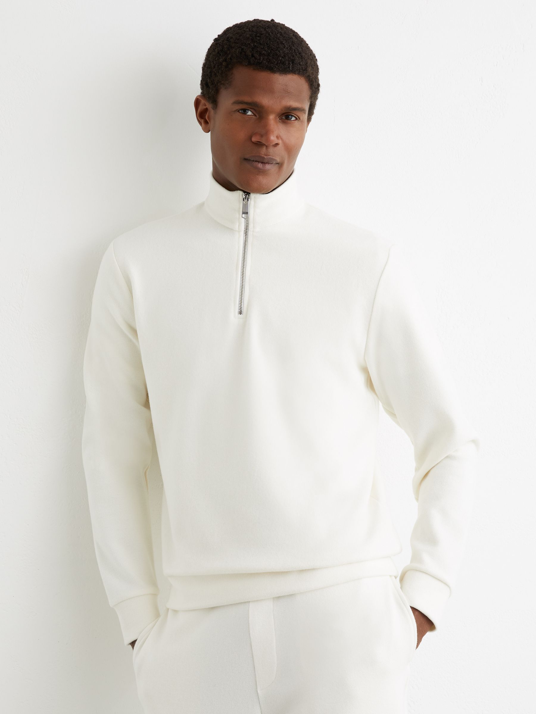 Reiss Cotton-Blend Ribbed Half-Zip Jumper in White | REISS