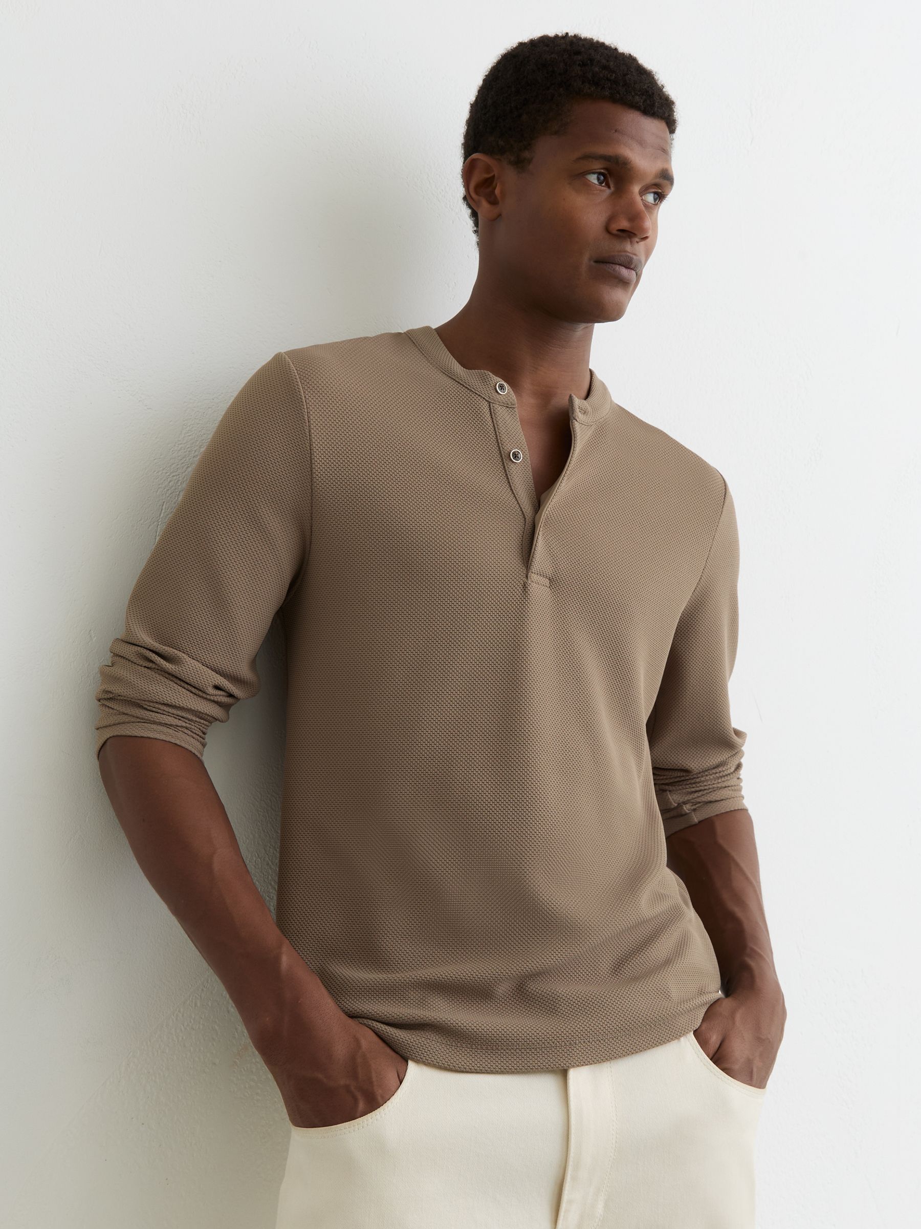Textured Long-Sleeve Henley Shirt in Camel - Image 1 of 5