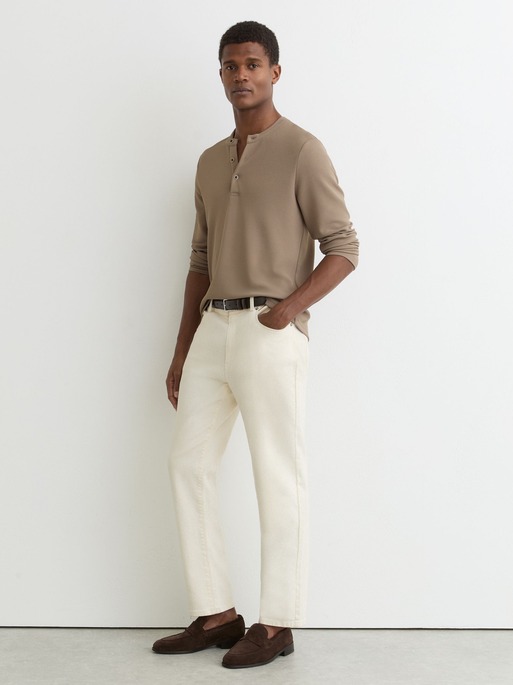 Textured Long-Sleeve Henley Shirt in Camel - Image 3 of 5
