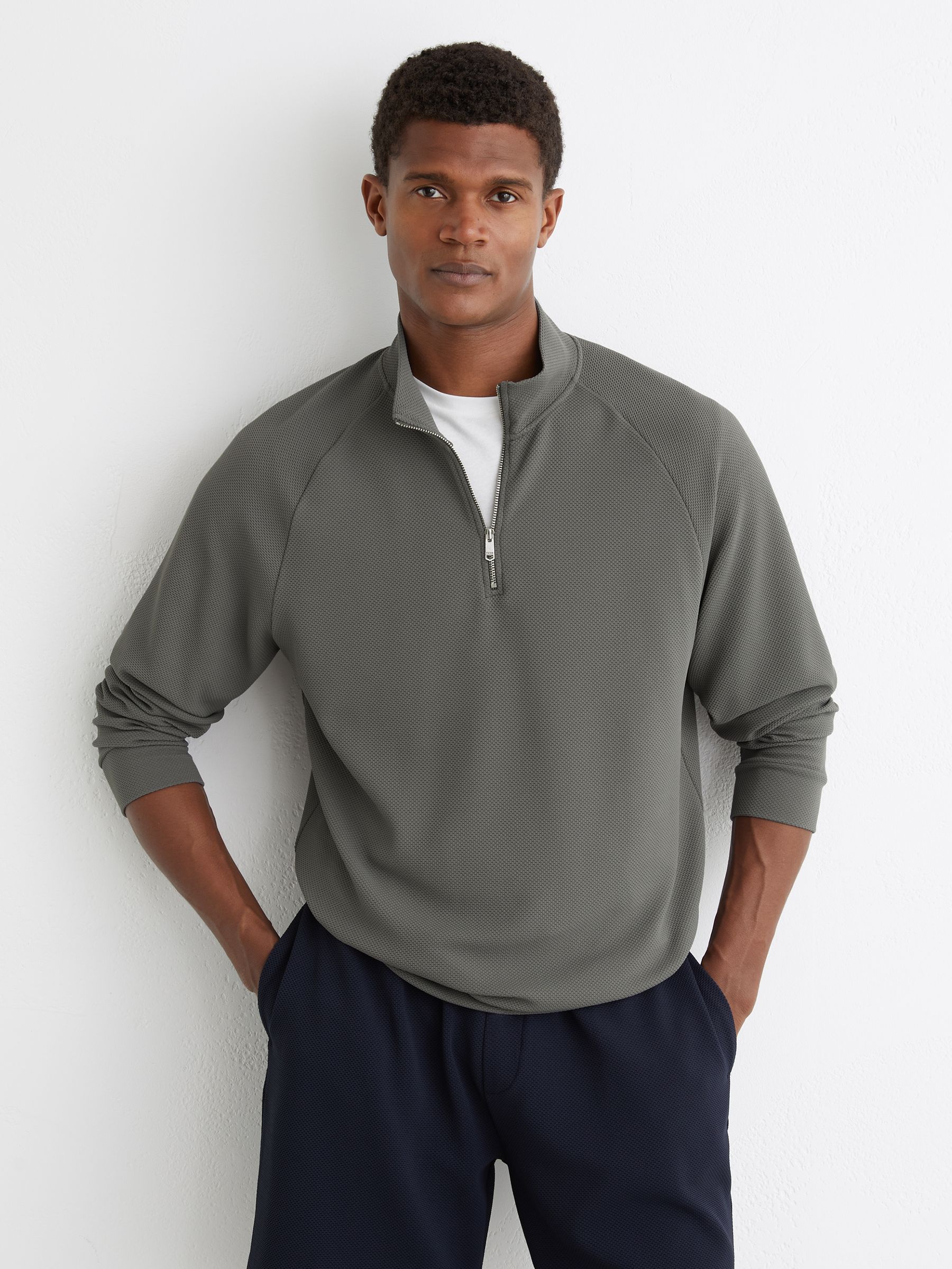 Textured Half-Zip Funnel-Neck Jumper in Sage Green - Image 1 of 6