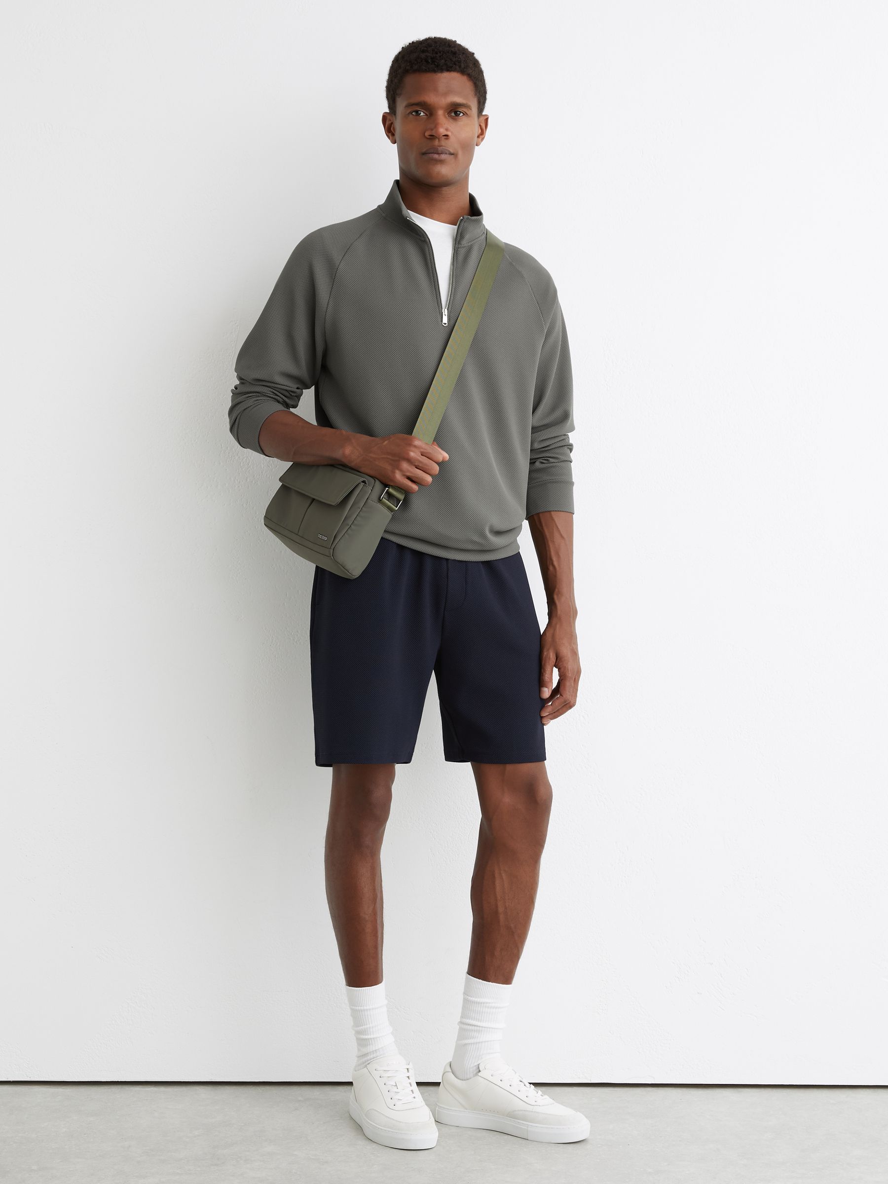 Textured Half-Zip Funnel-Neck Jumper in Sage Green - Image 3 of 6