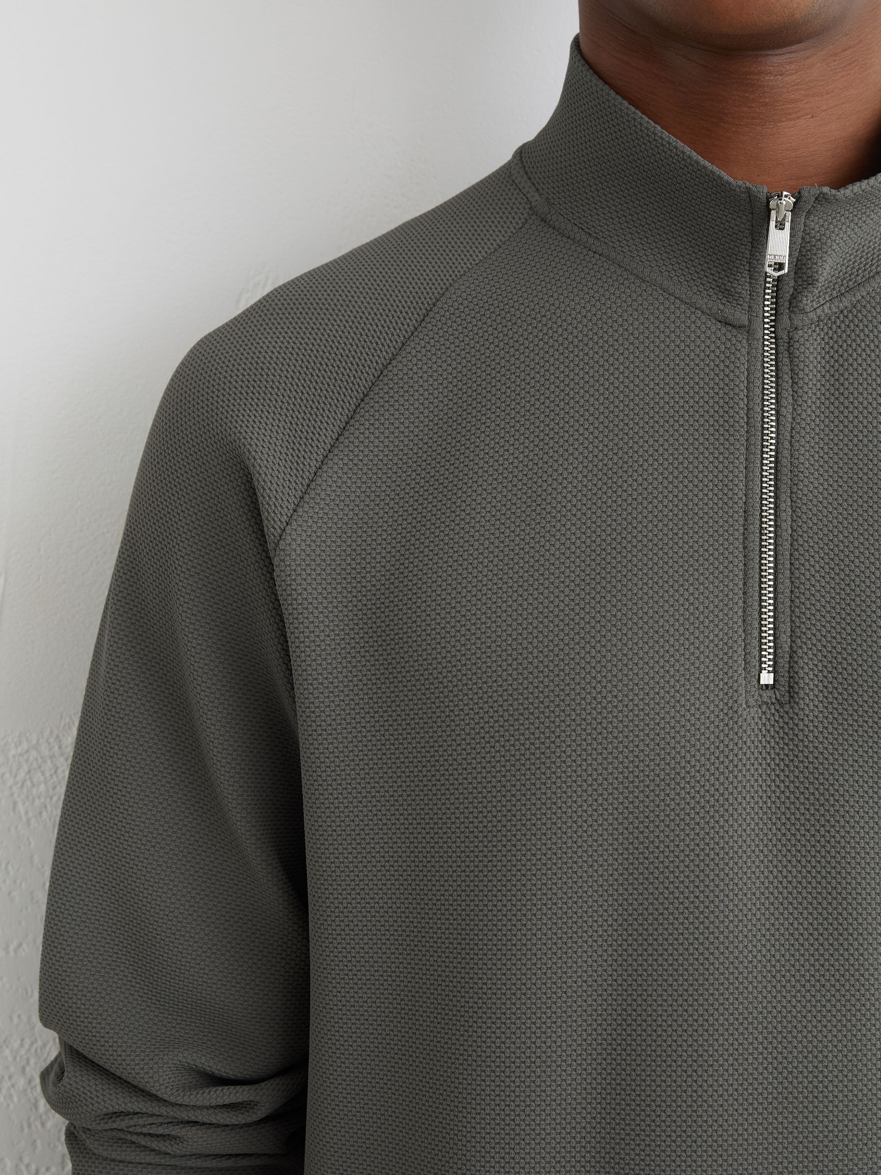 Textured Half-Zip Funnel-Neck Jumper in Sage Green - Image 4 of 6