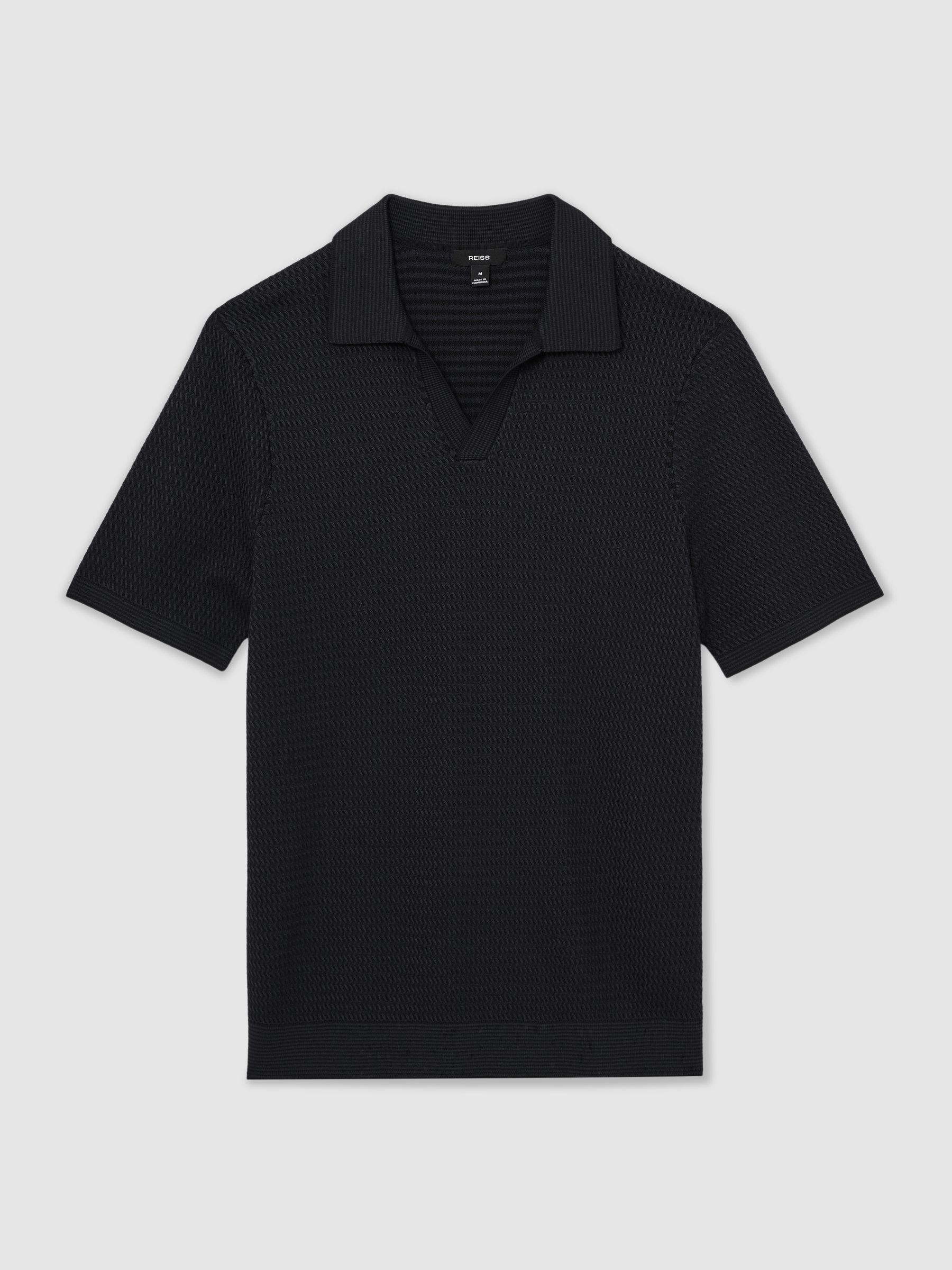 Open-Collar Textured-Knit Polo Shirt in Navy