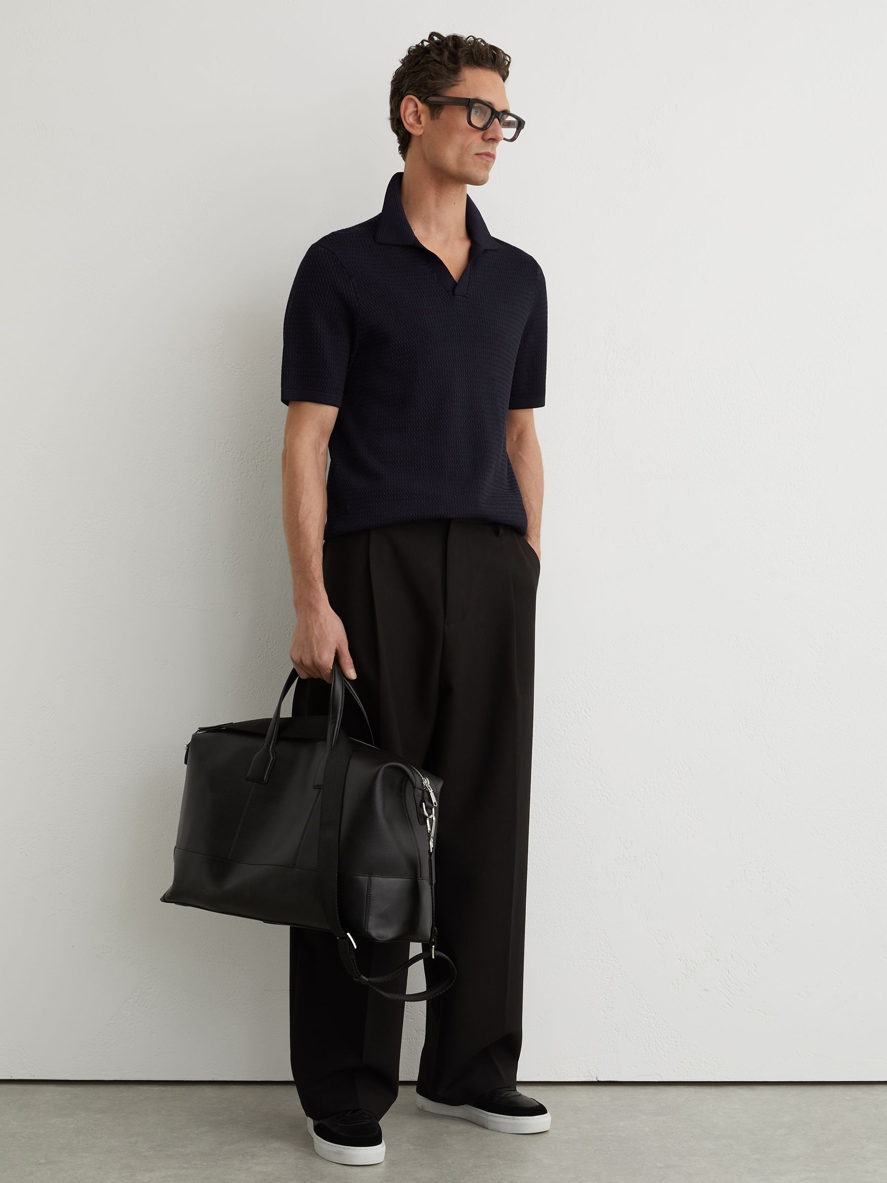 Open-Collar Textured-Knit Polo Shirt in Navy - Image 4 of 7