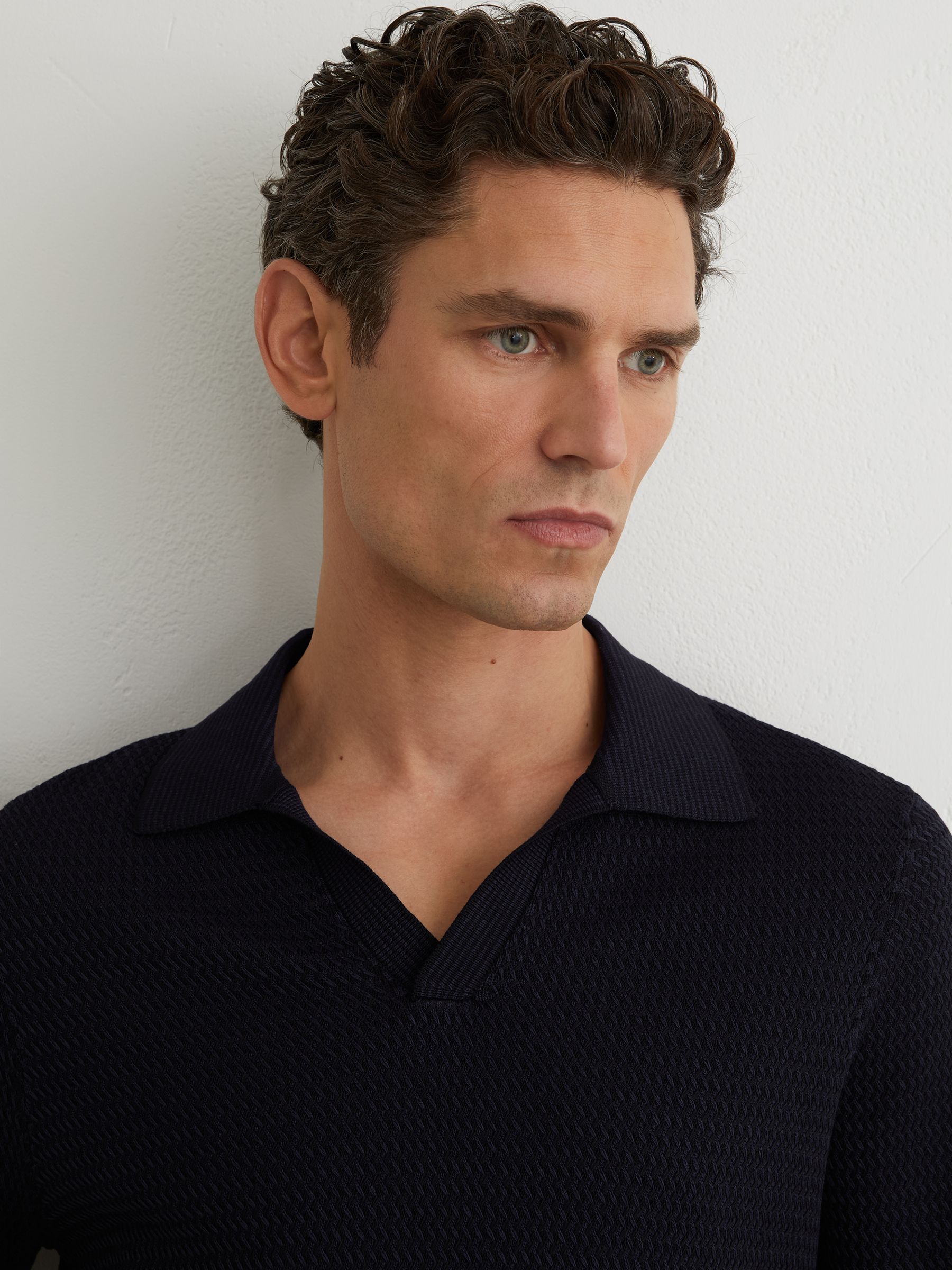 Open-Collar Textured-Knit Polo Shirt in Navy - image 5