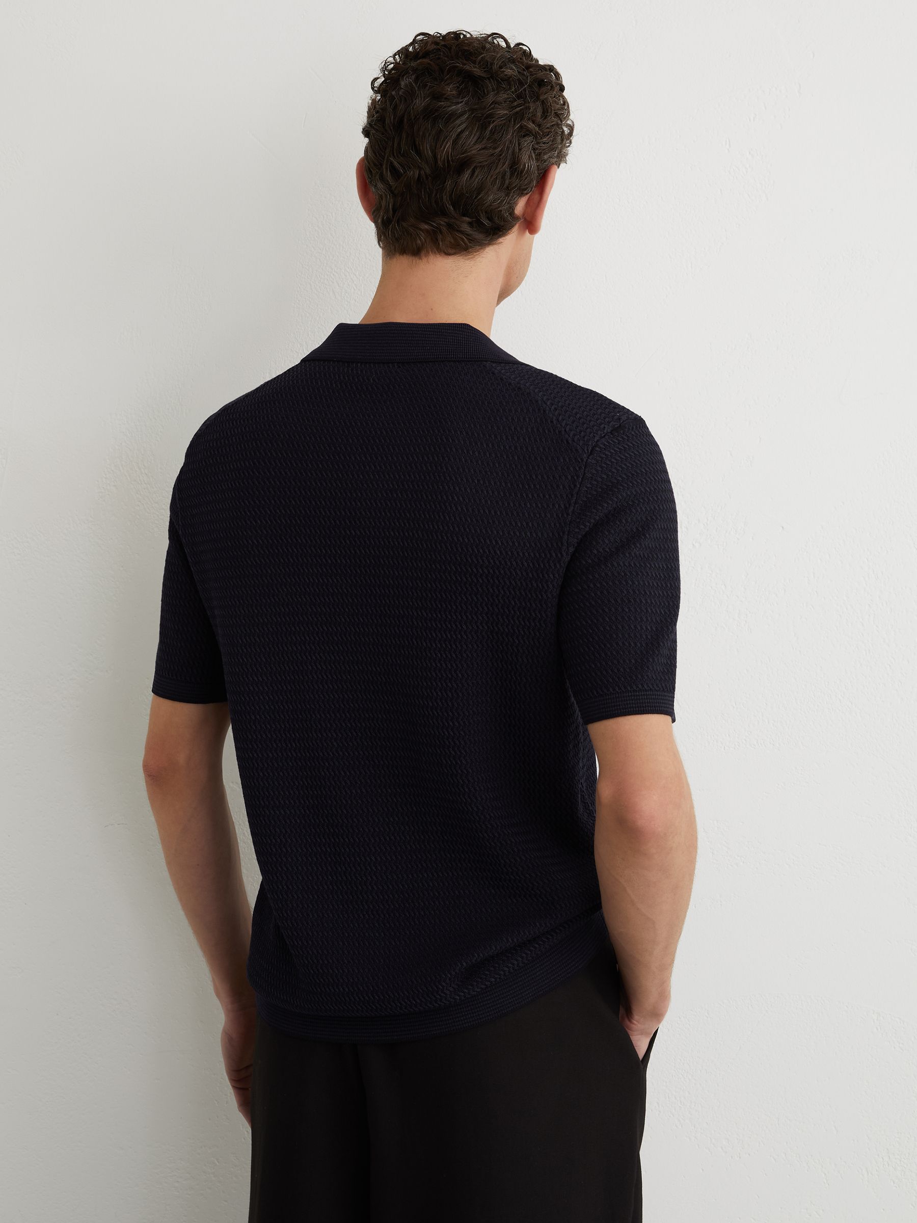 Open-Collar Textured-Knit Polo Shirt in Navy - Image 6 of 7
