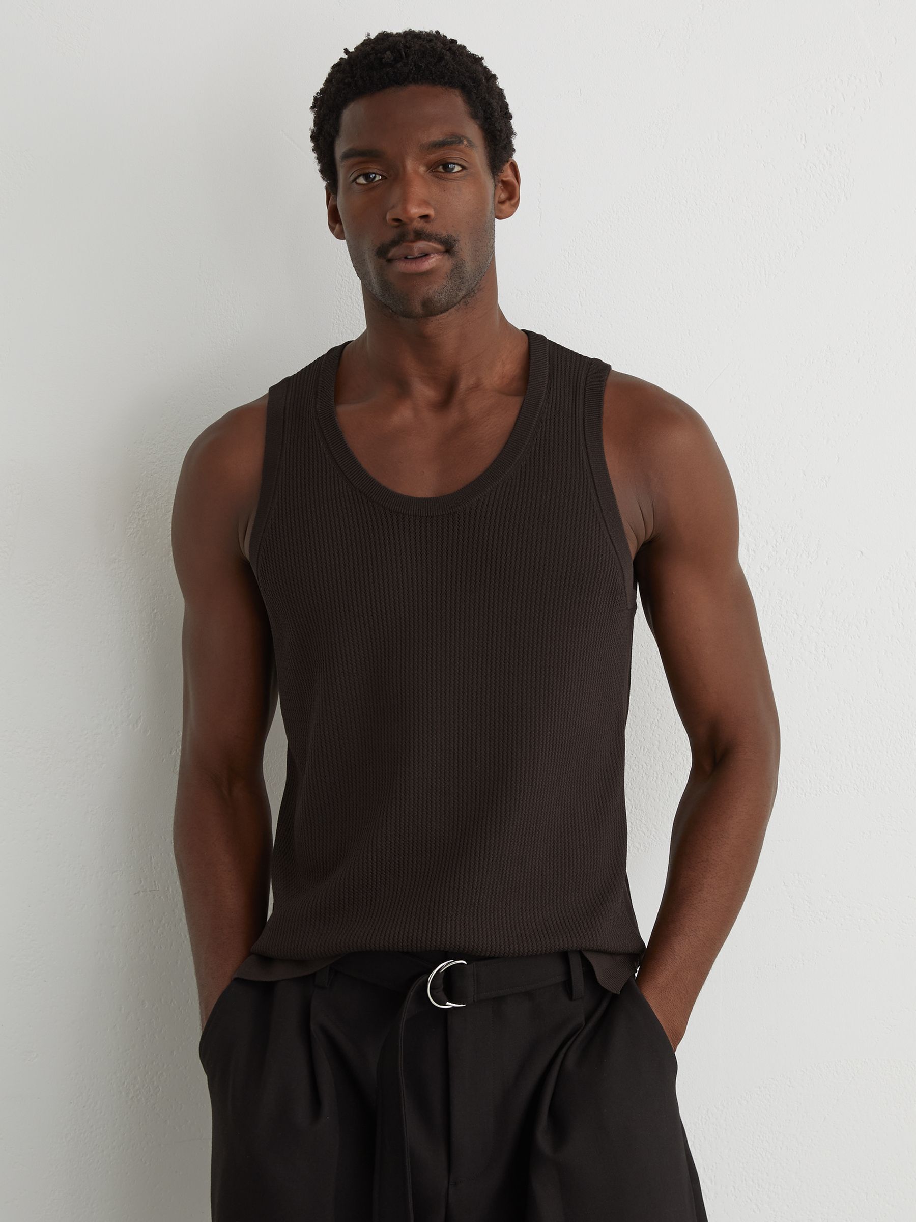 Textured-Knit Round-Neck Vest in Chocolate Brown - Image 1 of 8
