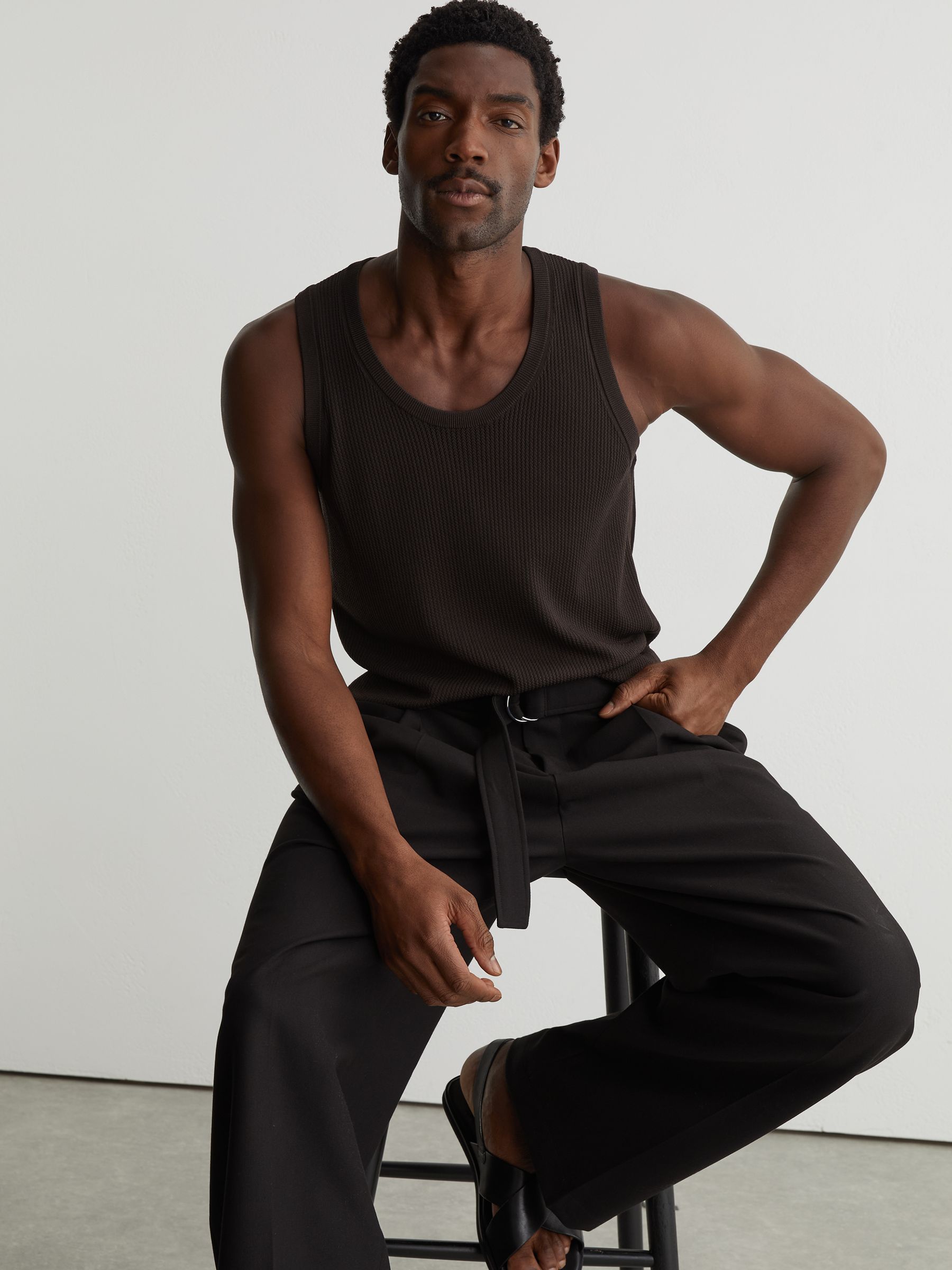 Textured-Knit Round-Neck Vest in Chocolate Brown - Image 4 of 8