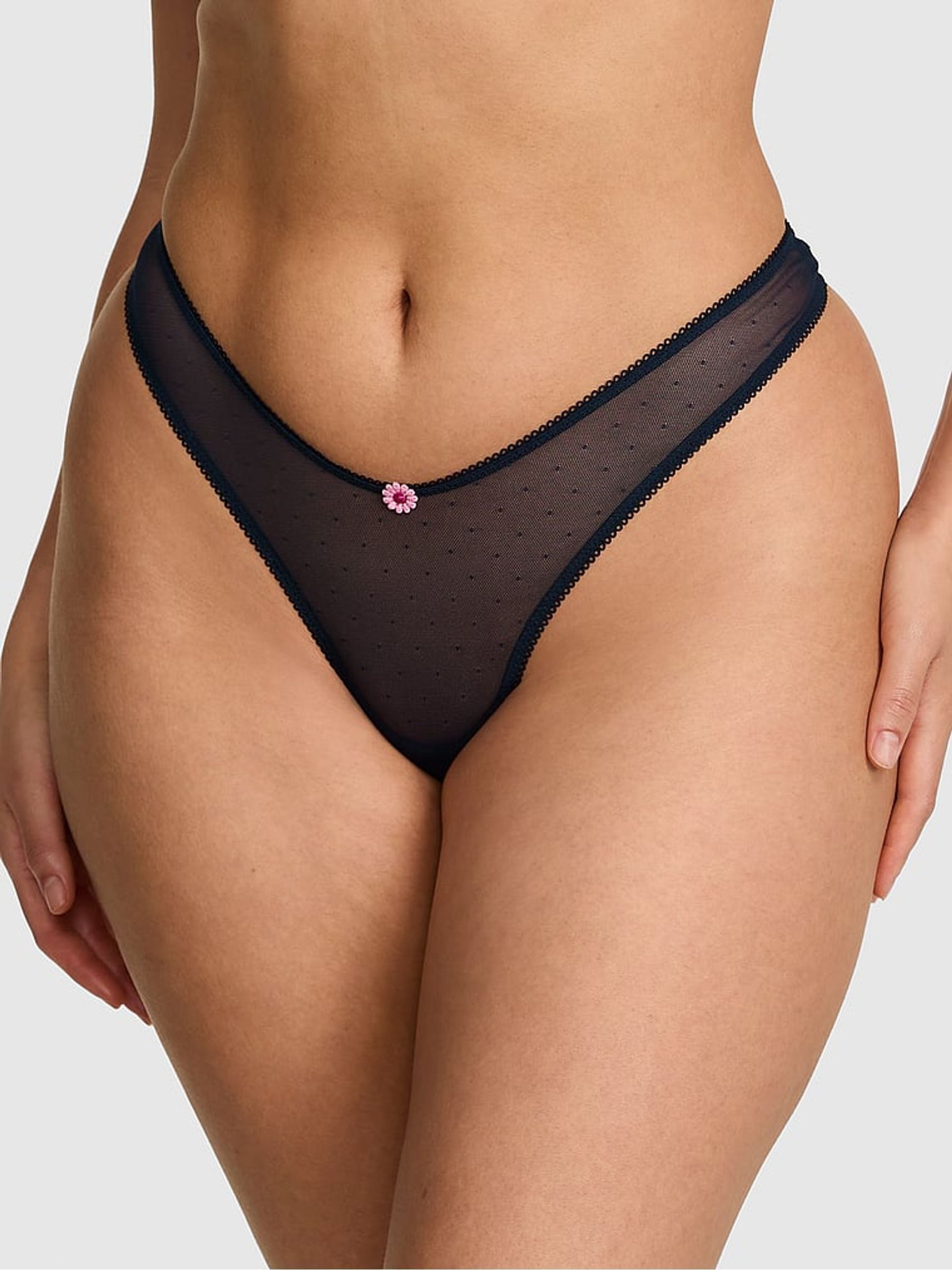 Noir Navy Blue Mini Scoop Thong Daisy Embroidery Knickers - Image 1 of 3