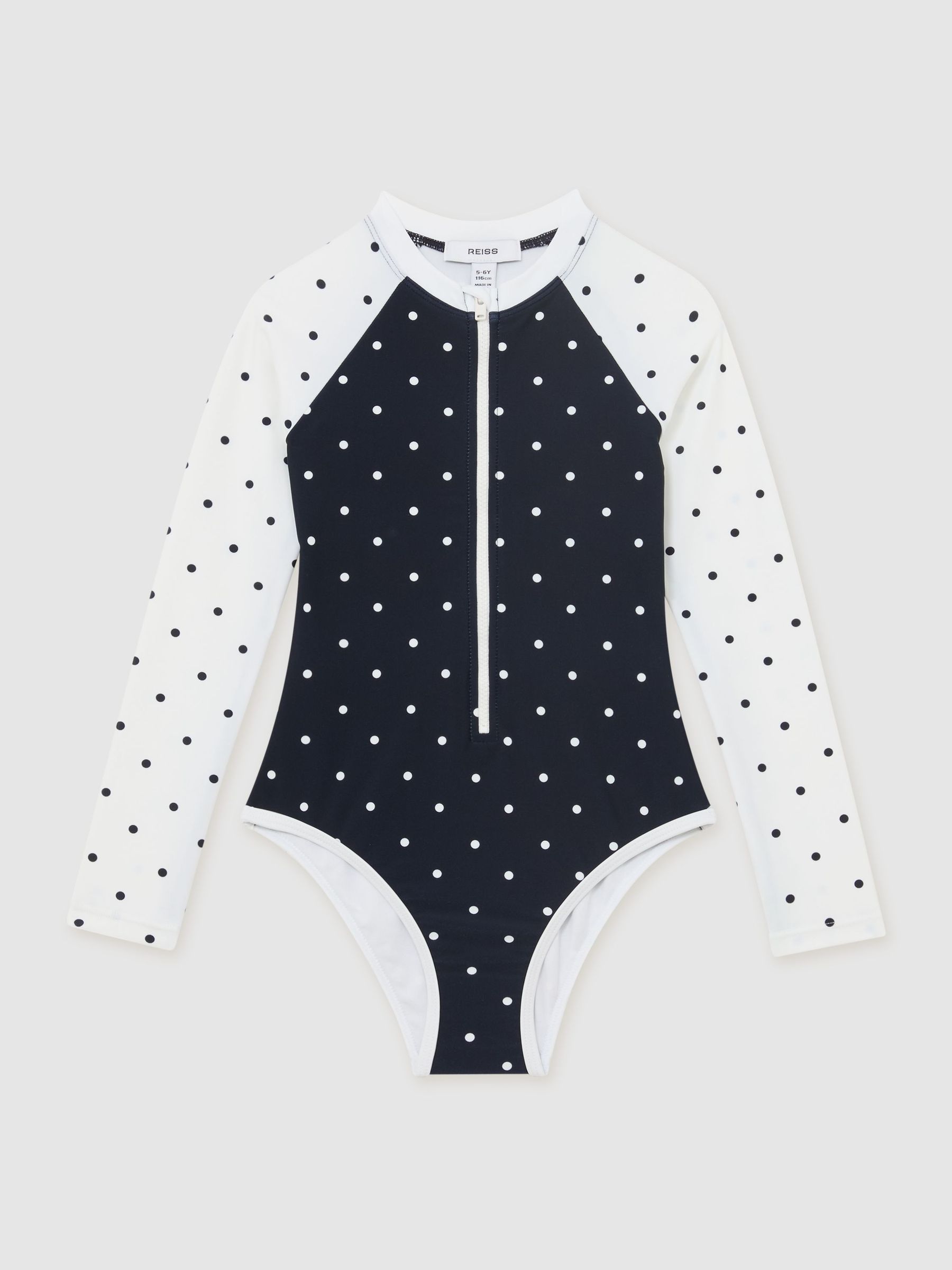 9-13 yrs Polka-Dot Long-Sleeve Swimsuit in Navy/Ivory - Image 2 of 3