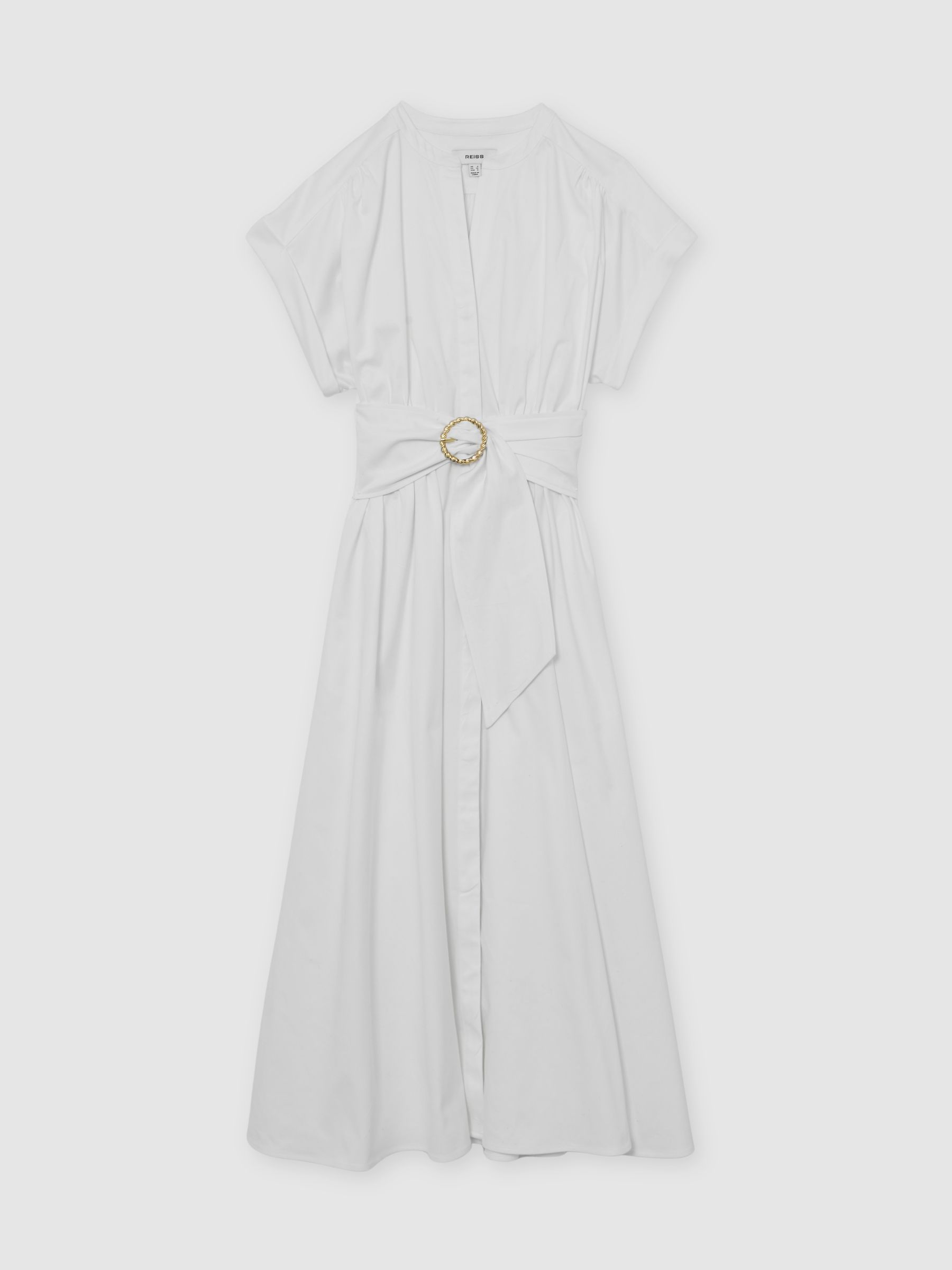 Petite Cotton Short-Sleeve Belted Midi Dress with Stretch in Ivory - image 1