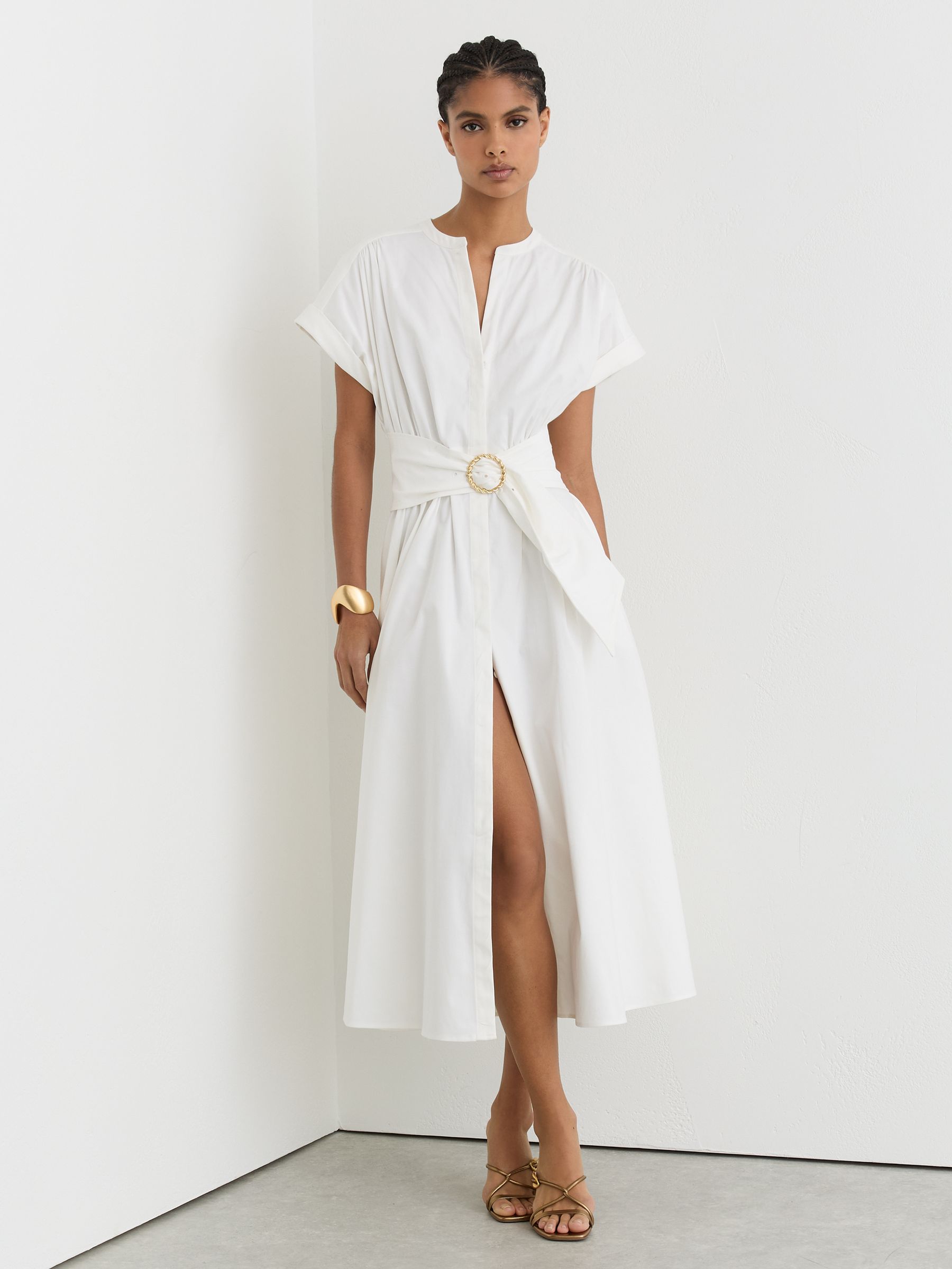 Petite Cotton Short-Sleeve Belted Midi Dress with Stretch in Ivory - Image 5 of 8