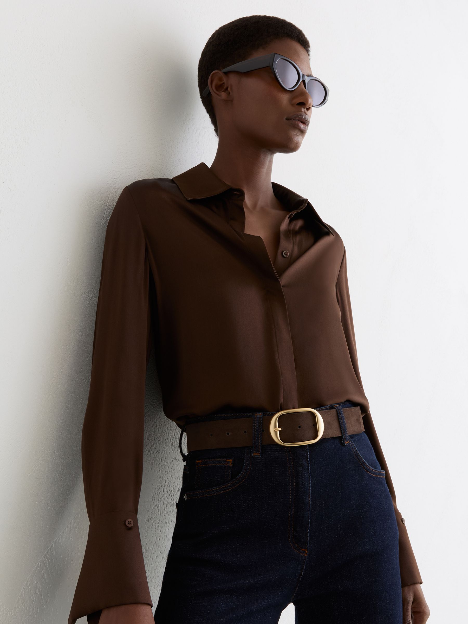 Suede Oval-Buckle Belt in Chocolate - Image 1 of 4