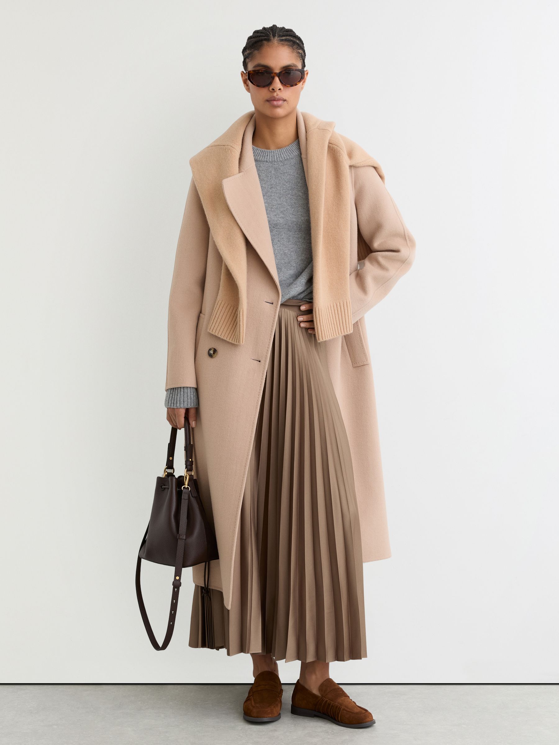 Pleated Midi Skirt in Mocha Brown - Image 1 of 7