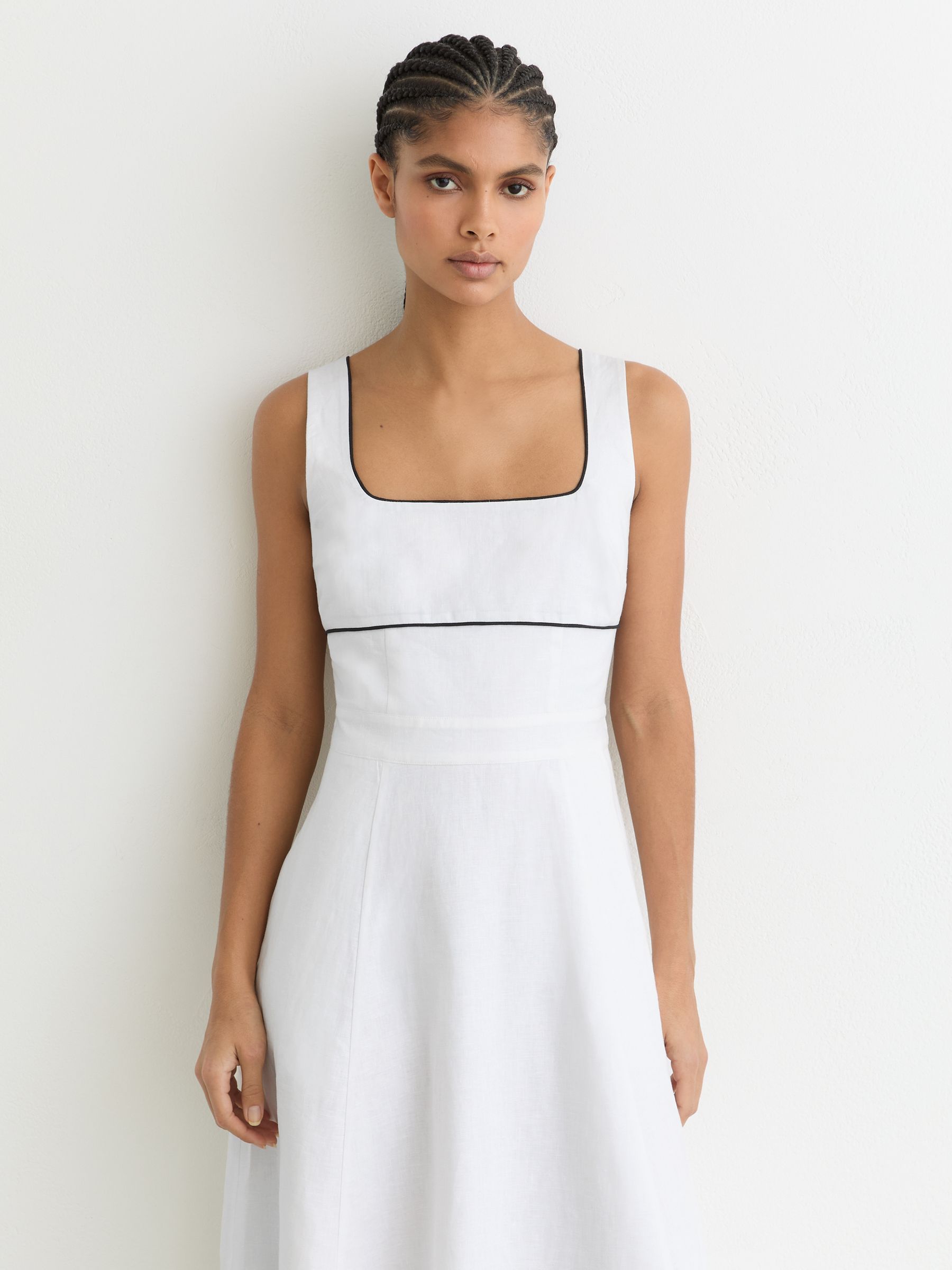 Linen Contrast-Trim Midi Dress in Ivory - Image 3 de 6