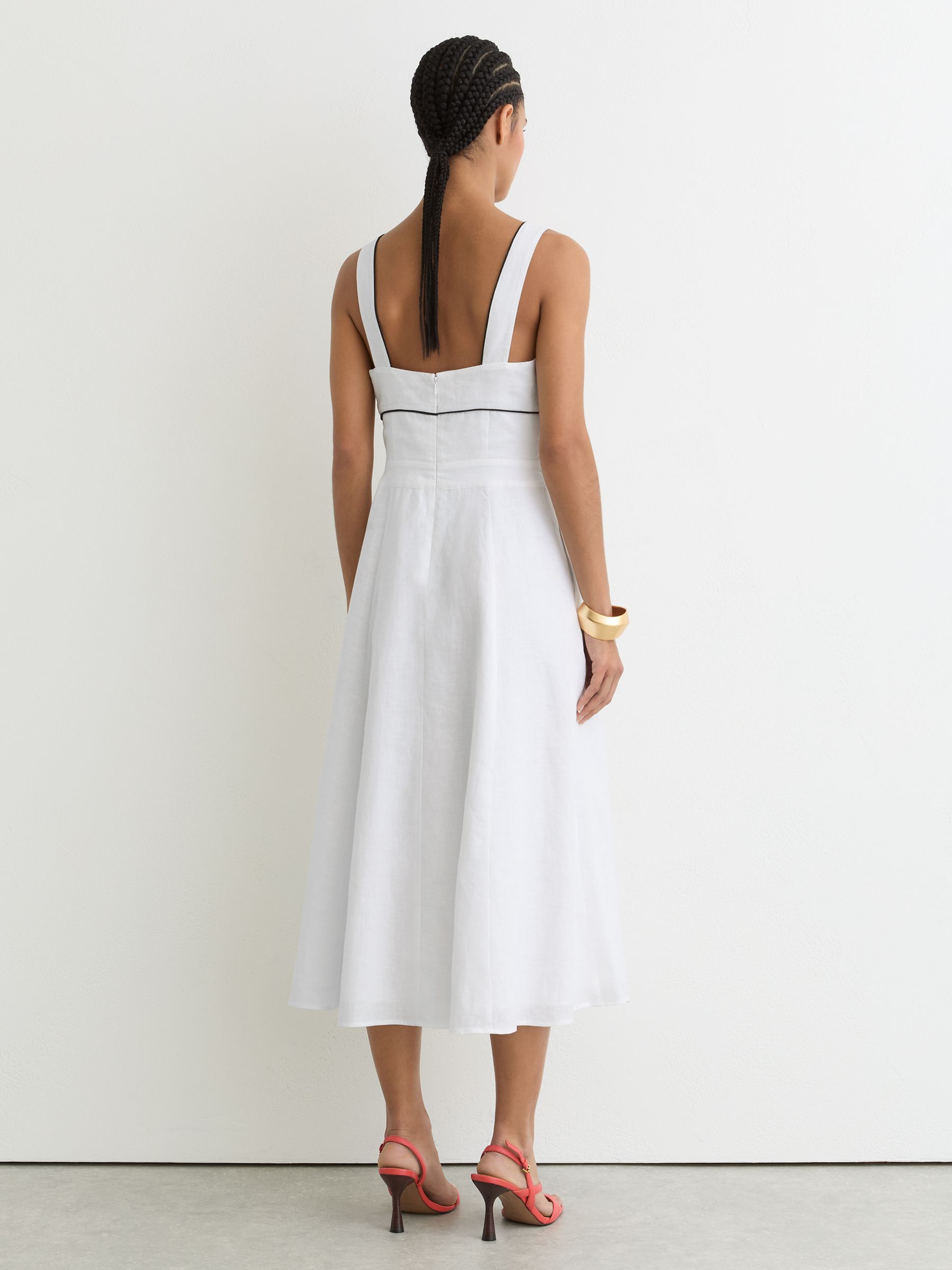Linen Contrast-Trim Midi Dress in Ivory - Image 4 de 6