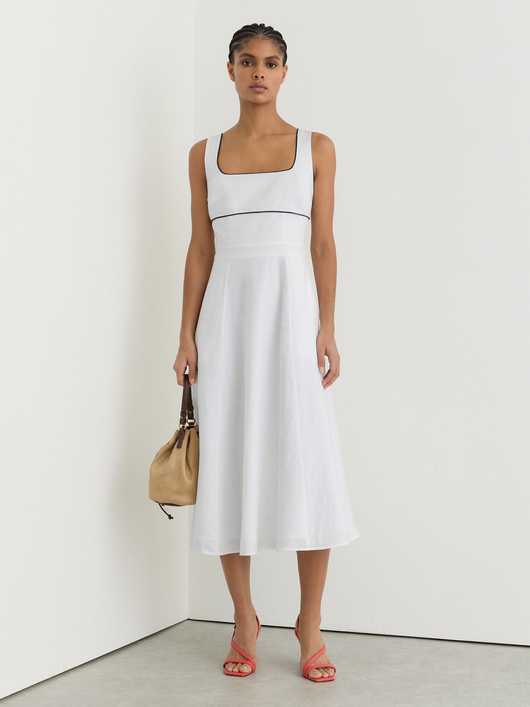 Linen Contrast-Trim Midi Dress in Ivory - Image 5 de 6